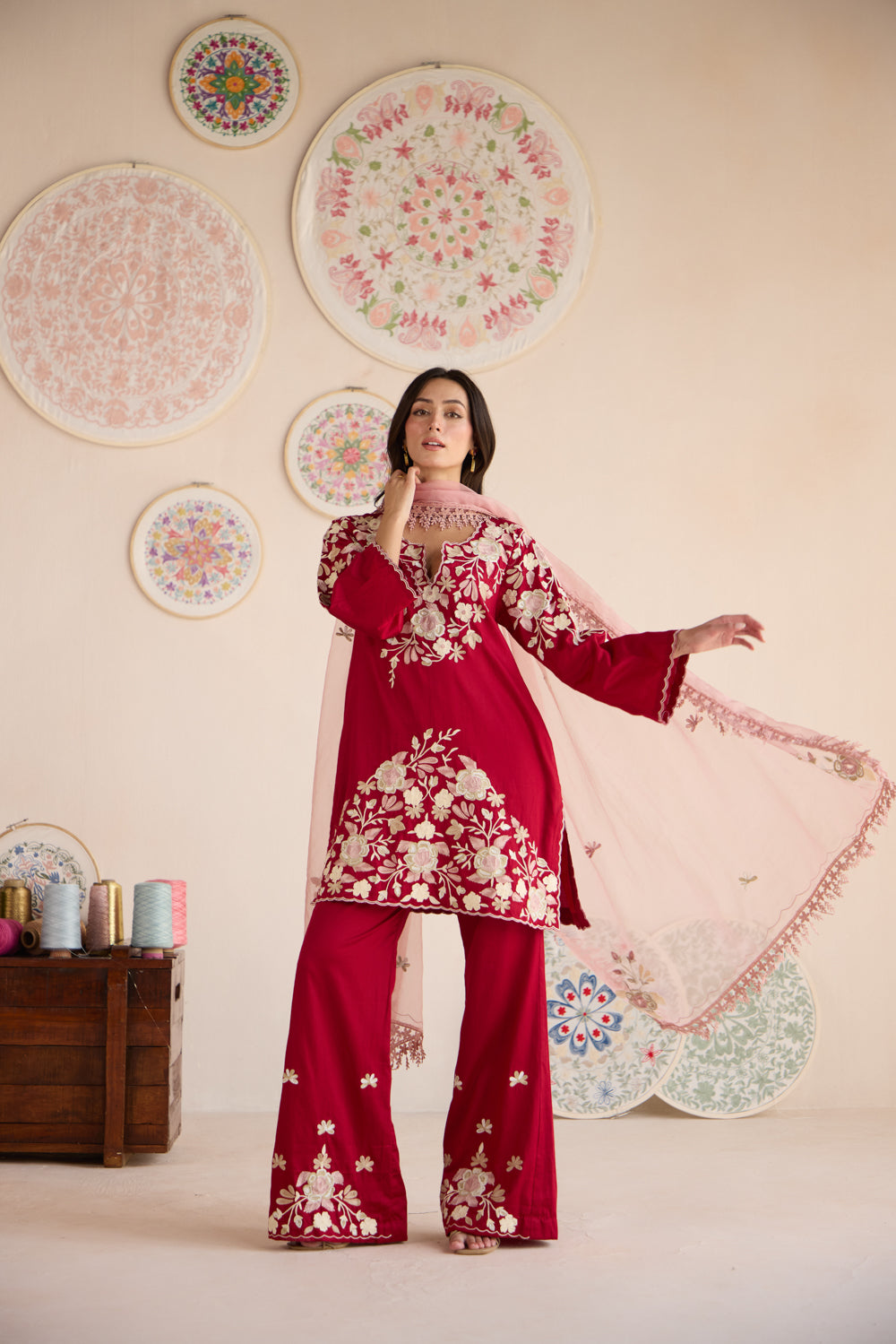 Seher Red Cotton Aari Short Pheran Set with Salwar Pants & Organza Dupatta