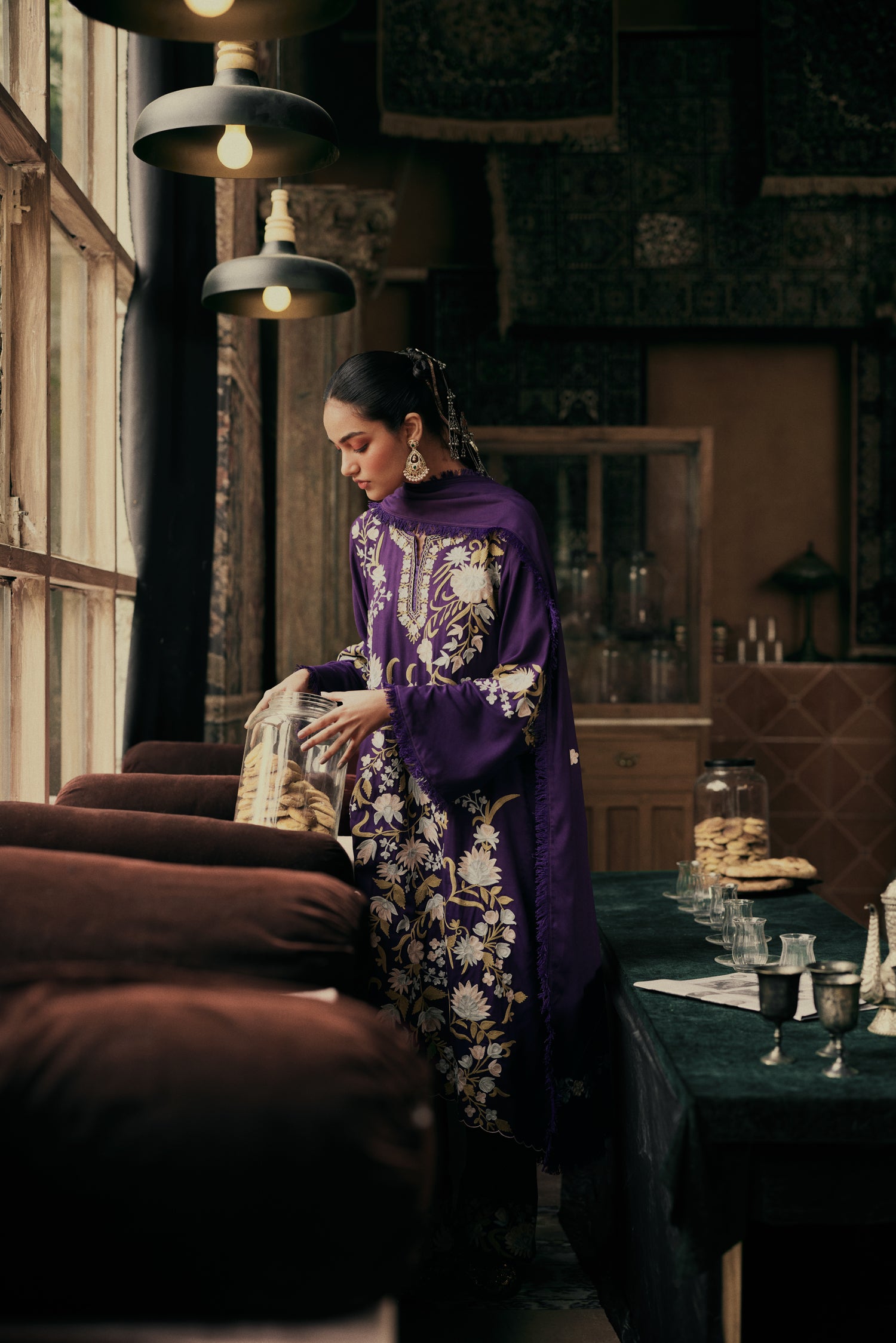 Purple Wool Aari Embroidered Kurta Set with Straight Pants & Embroidered Dupatta