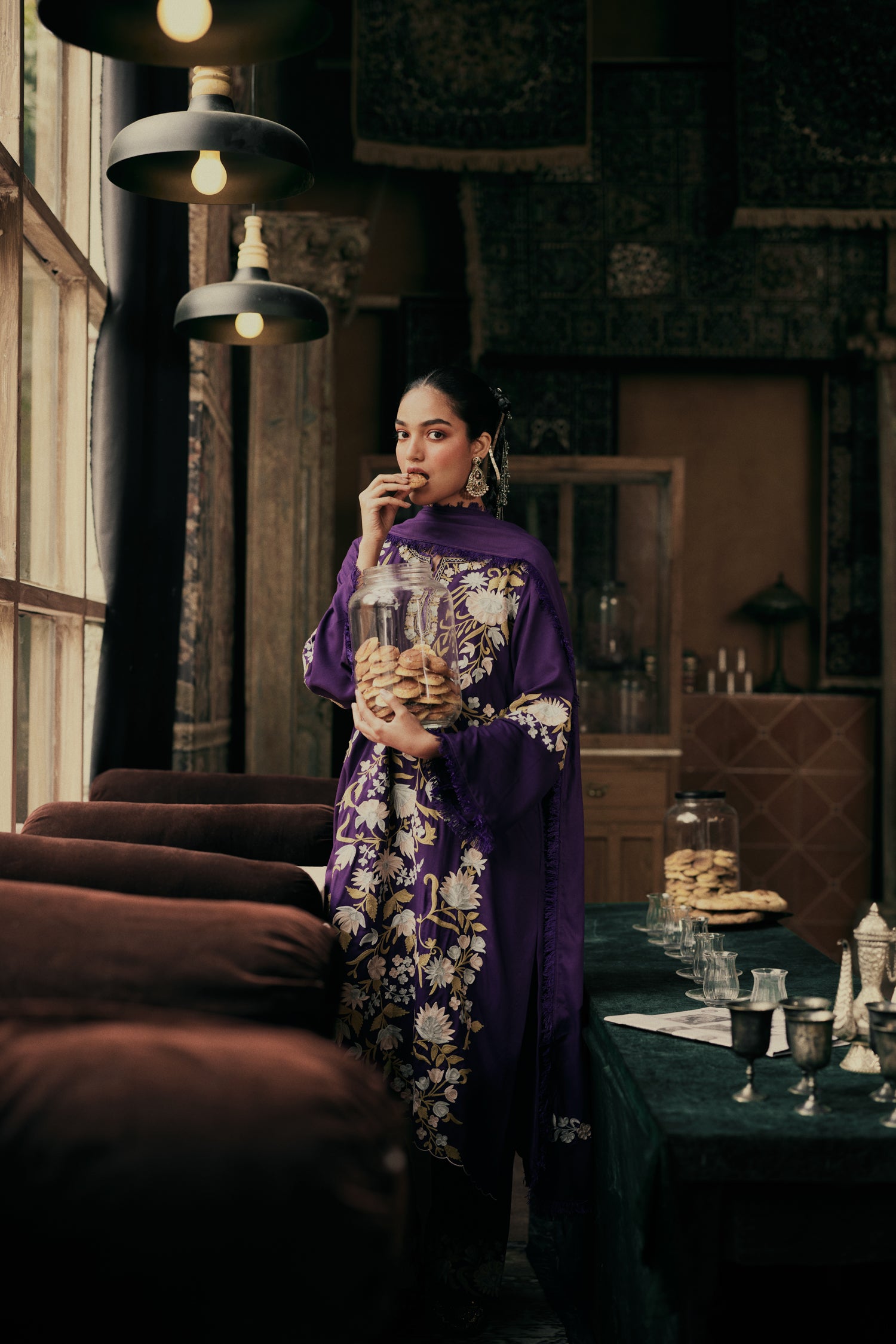 Purple Wool Aari Embroidered Kurta Set with Straight Pants & Embroidered Dupatta