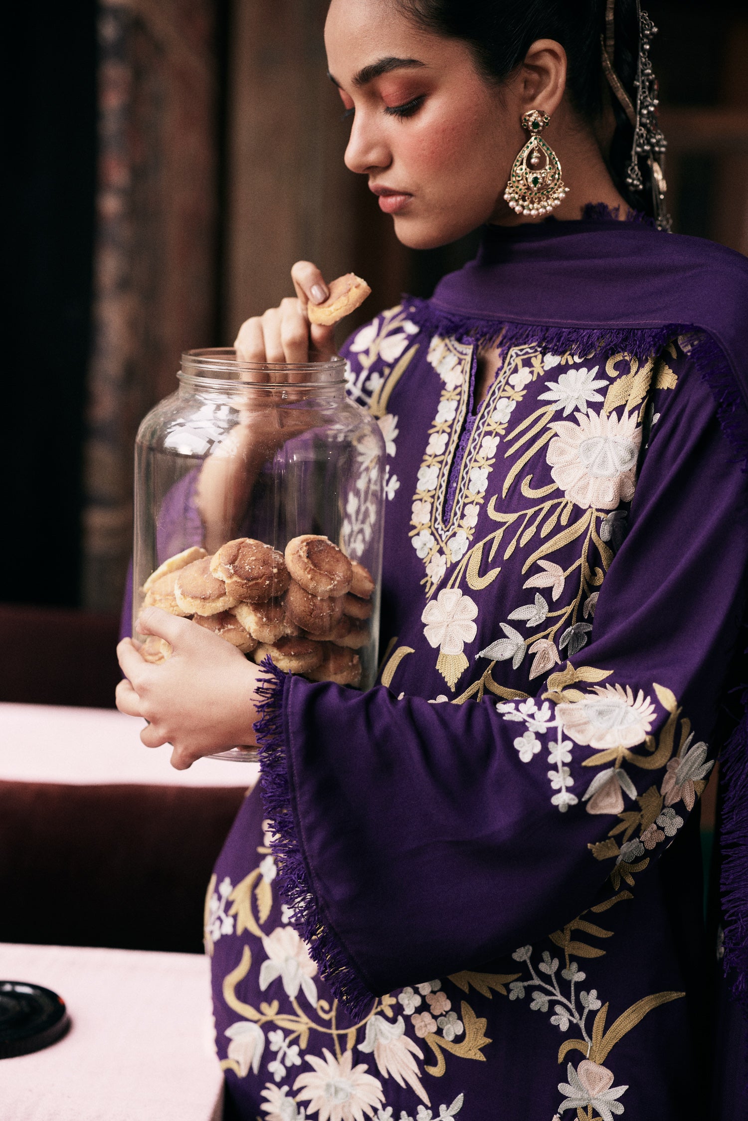 Purple Wool Aari Embroidered Kurta Set with Straight Pants & Embroidered Dupatta