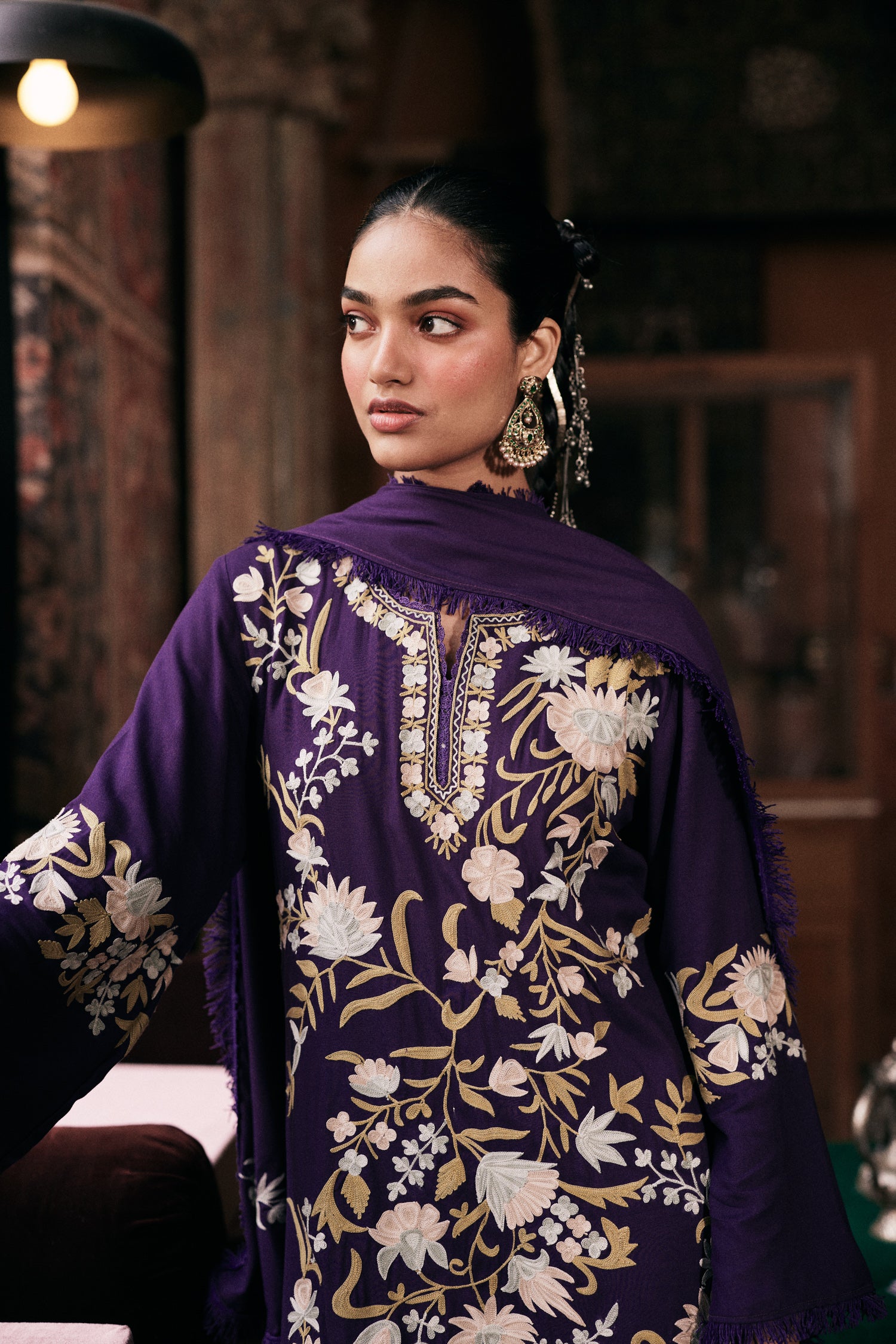 Purple Wool Aari Embroidered Kurta Set with Straight Pants & Embroidered Dupatta