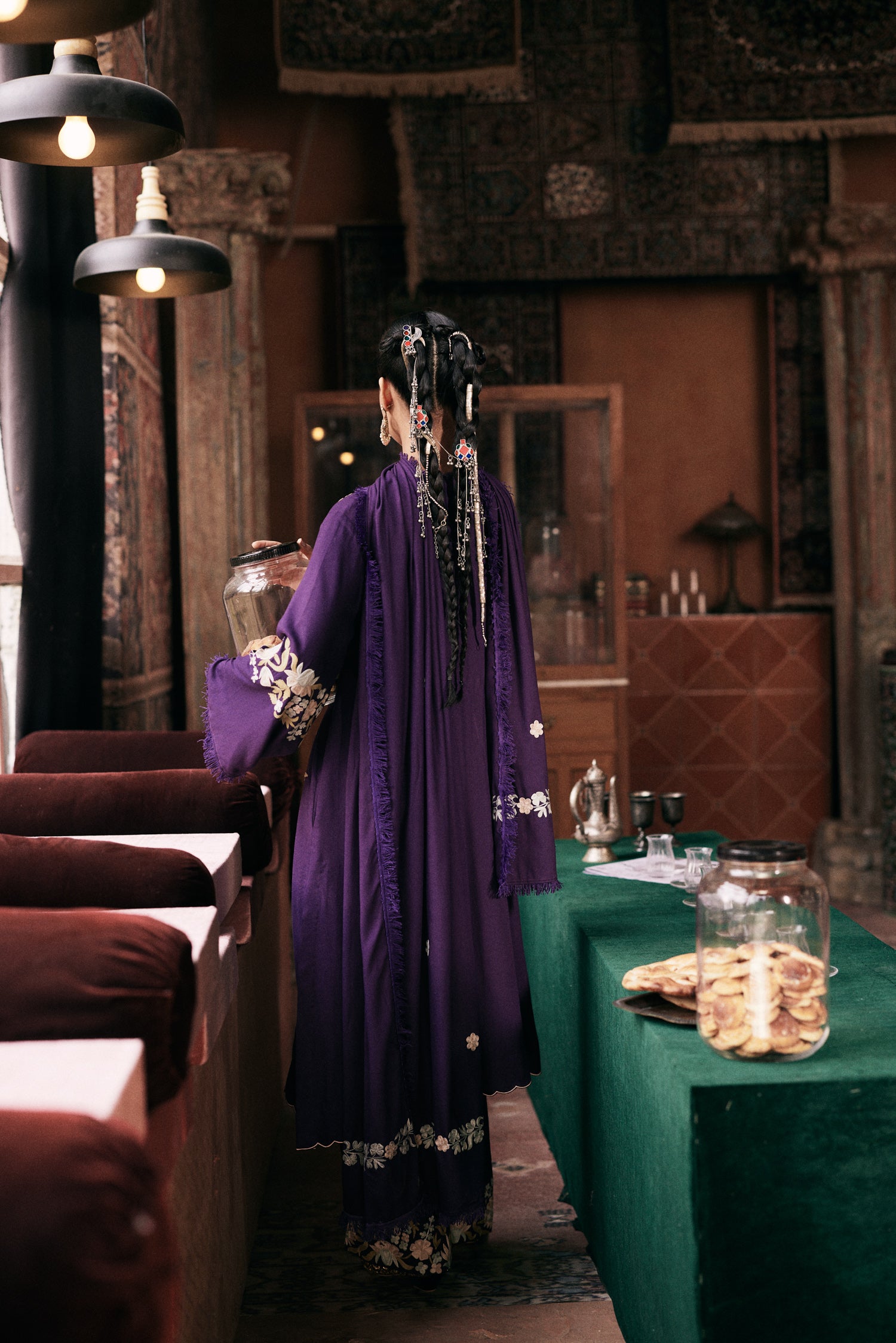 Purple Wool Aari Embroidered Kurta Set with Straight Pants & Embroidered Dupatta