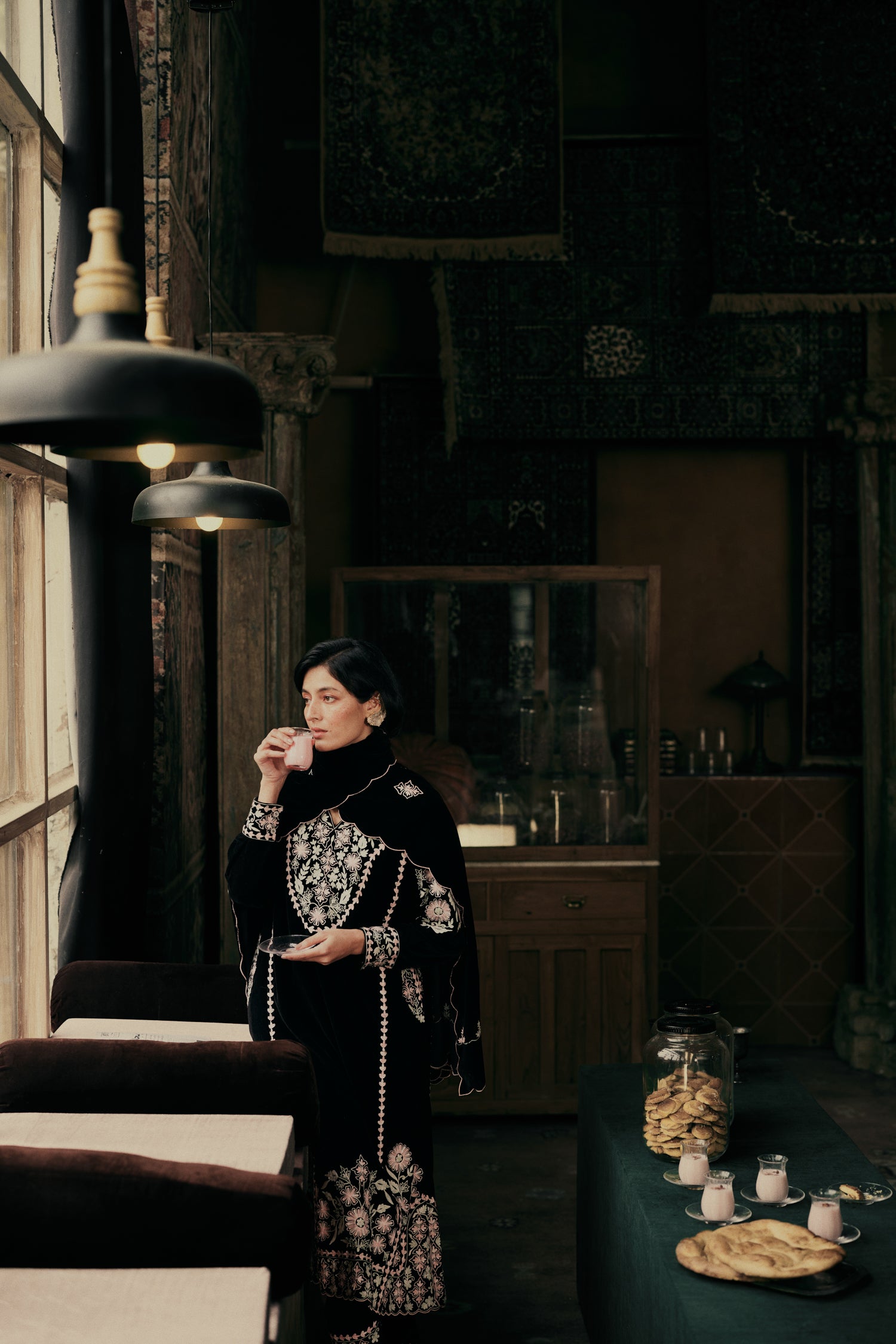 ⁠⁠Black Velvet Aari Embroidered Kalidaar Pheran Set with Salwar Pants & Embroidered Dupatta