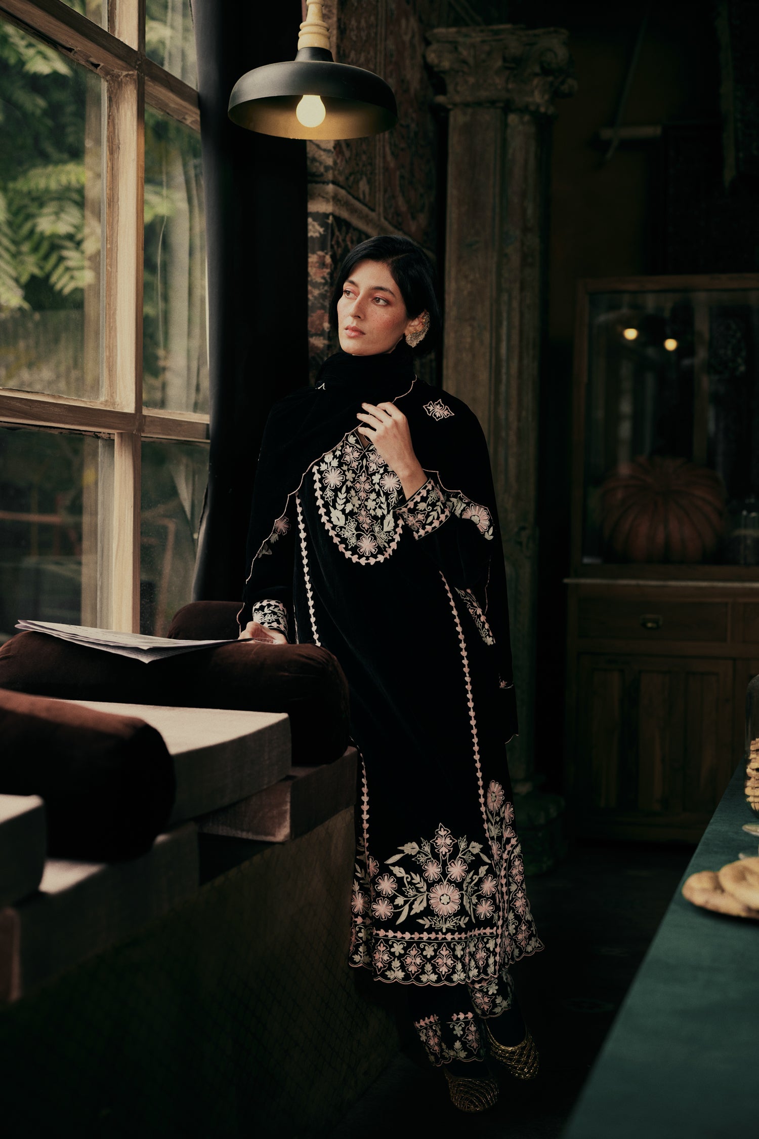 ⁠⁠Black Velvet Aari Embroidered Kalidaar Pheran Set with Salwar Pants & Embroidered Dupatta