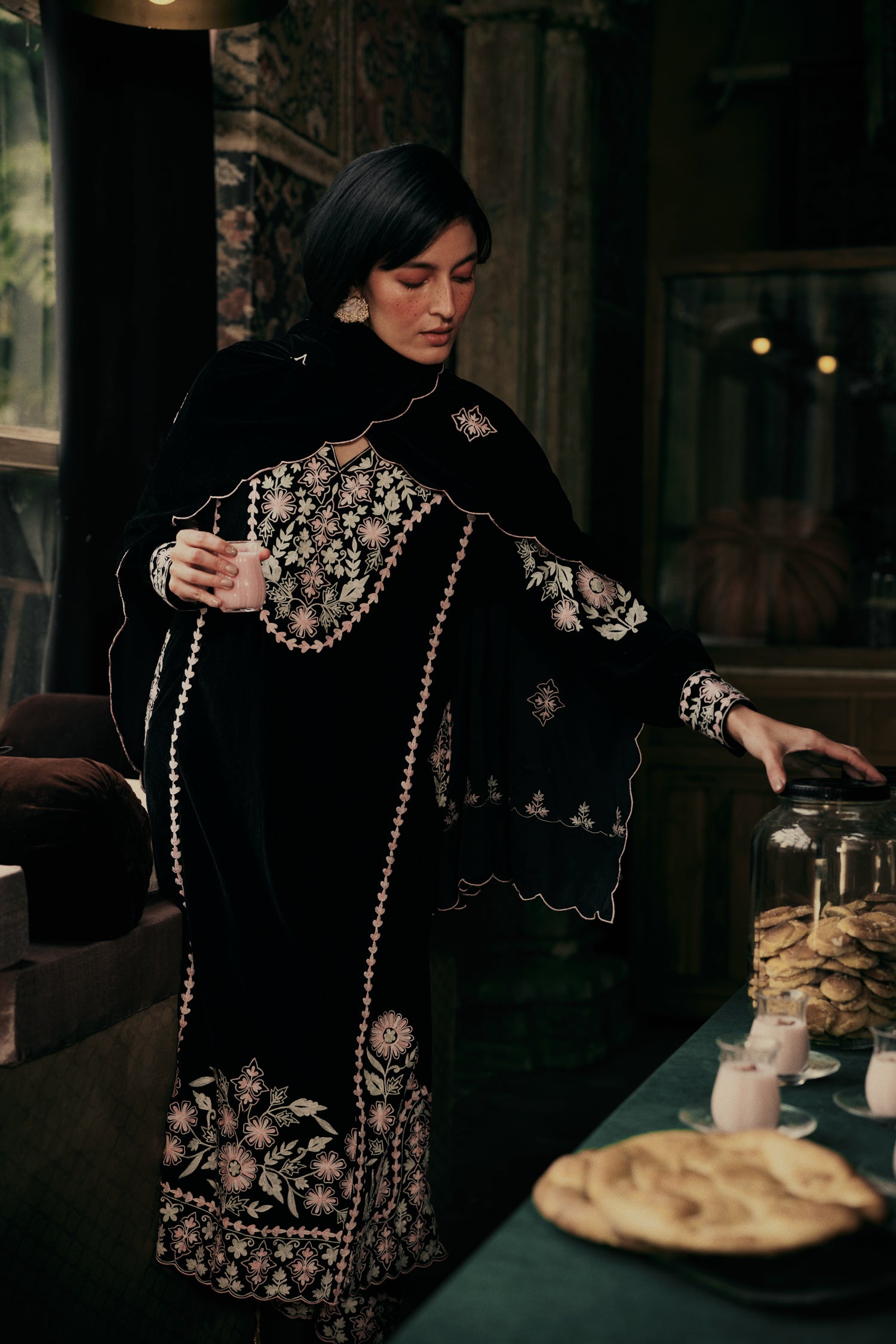 ⁠⁠Black Velvet Aari Embroidered Kalidaar Pheran Set with Salwar Pants & Embroidered Dupatta