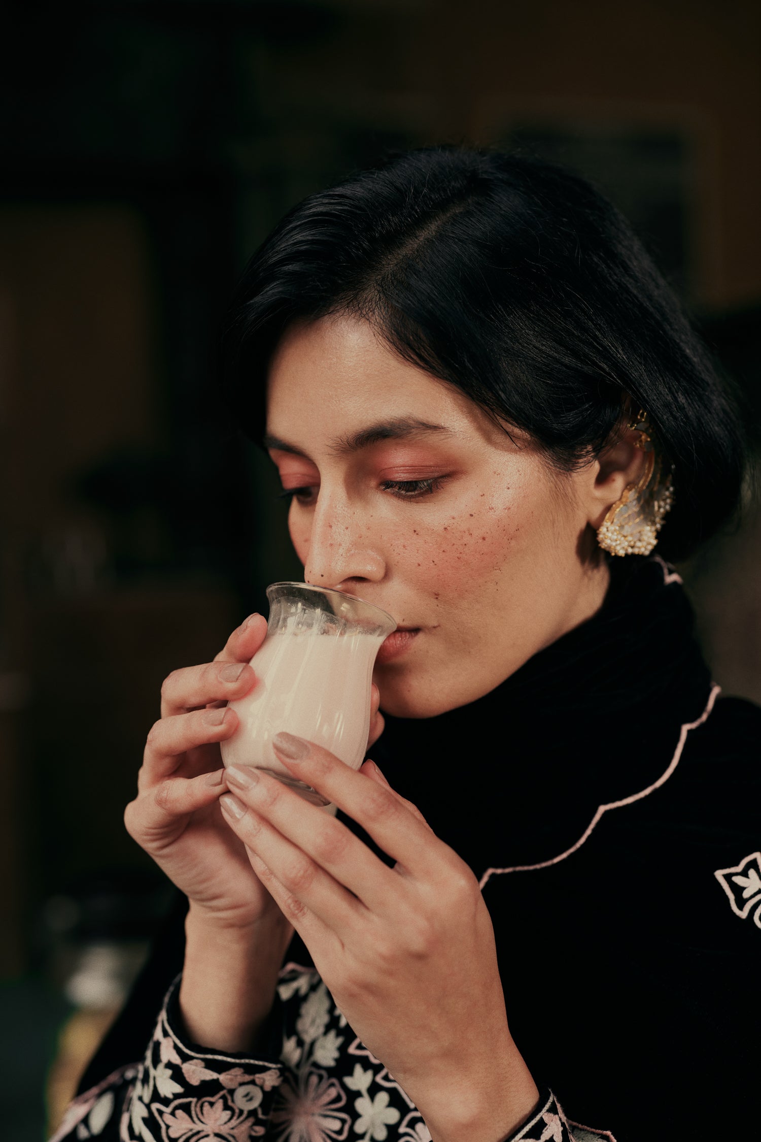 ⁠⁠Black Velvet Aari Embroidered Kalidaar Pheran Set with Salwar Pants & Embroidered Dupatta