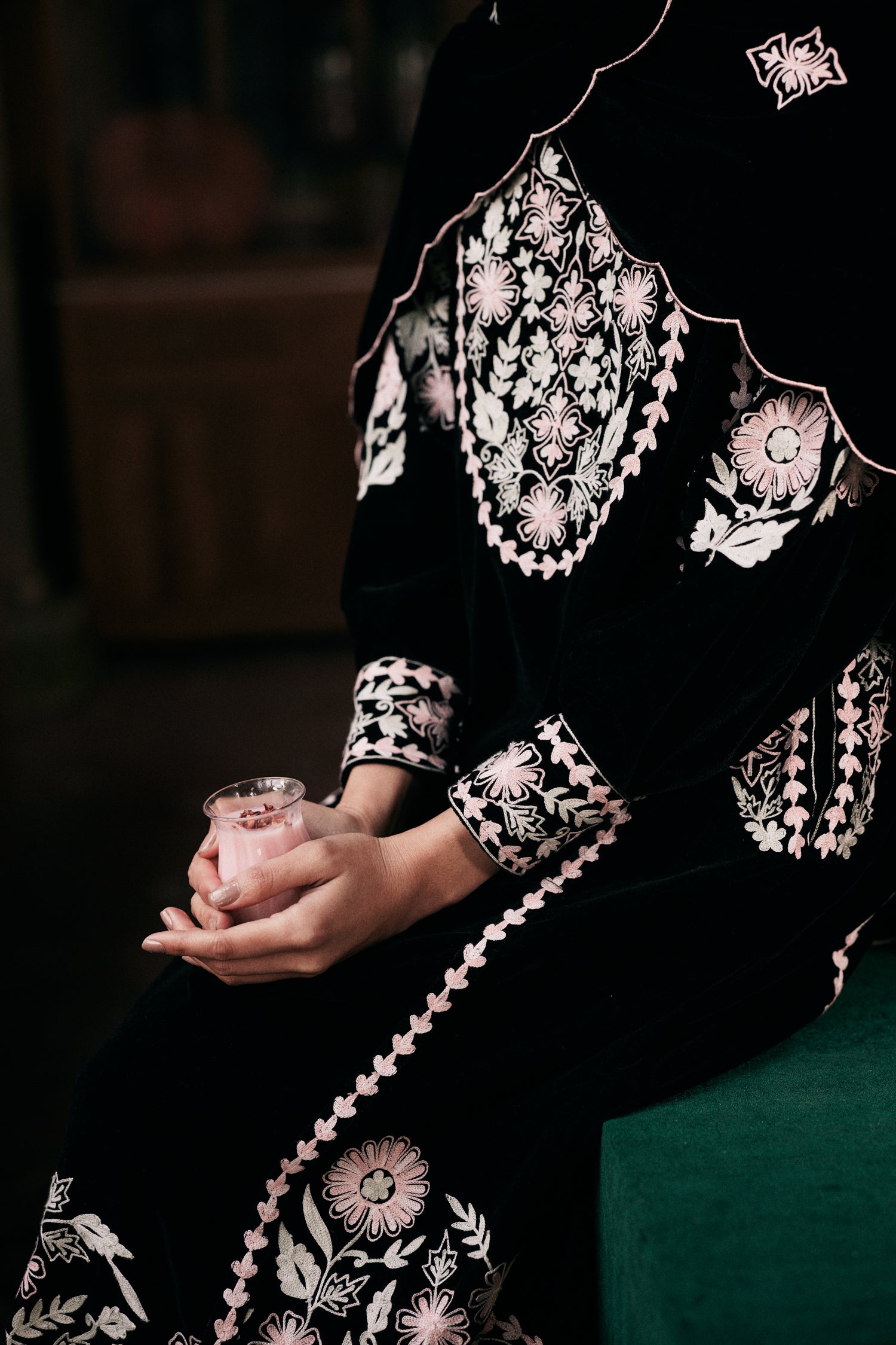 ⁠⁠Black Velvet Aari Embroidered Kalidaar Pheran Set with Salwar Pants & Embroidered Dupatta