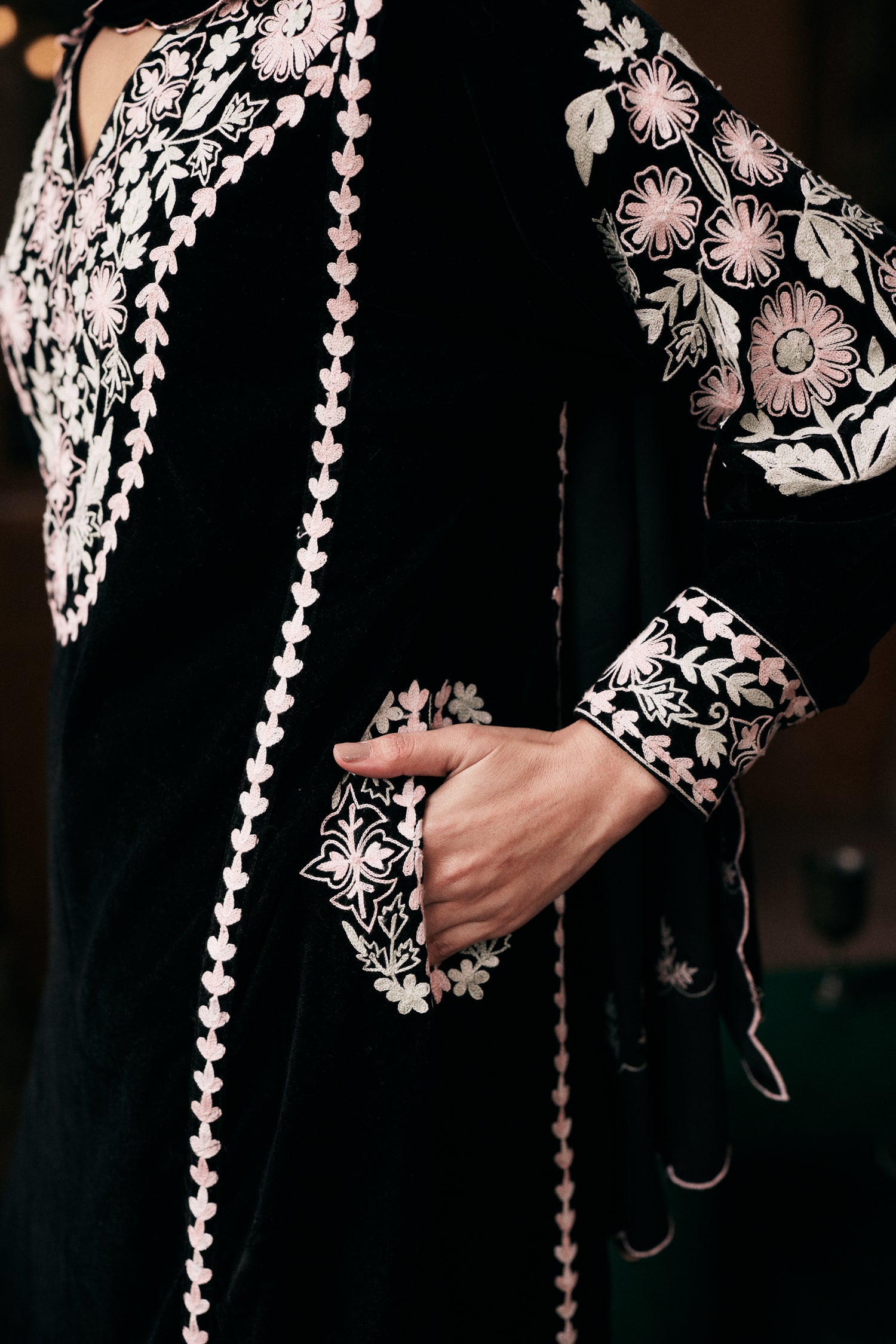 ⁠⁠Black Velvet Aari Embroidered Kalidaar Pheran Set with Salwar Pants & Embroidered Dupatta