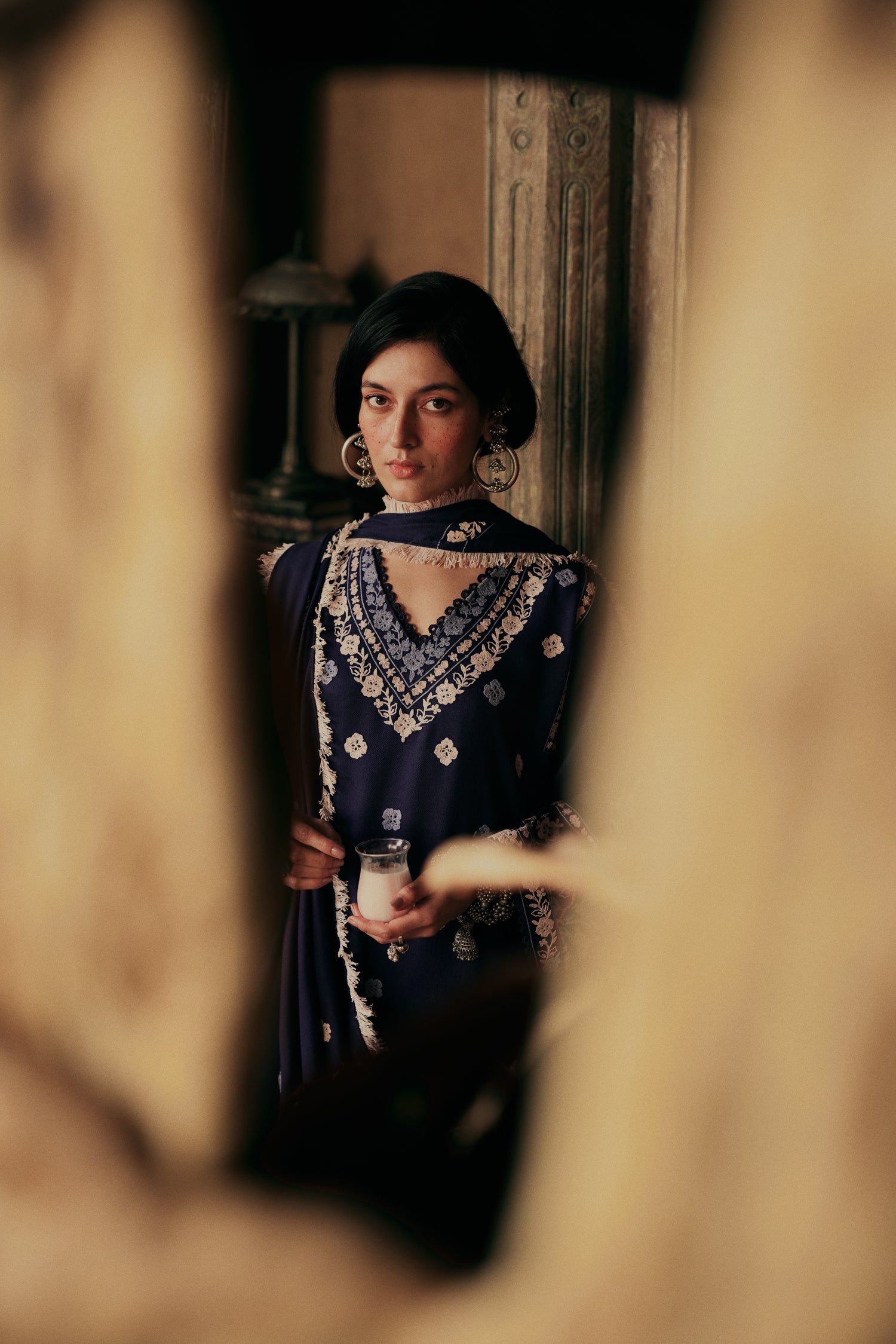 Royal Blue Wool Aari Embroidered Kalidaar Pheran Set with Flared Pants & Embroidered Stole