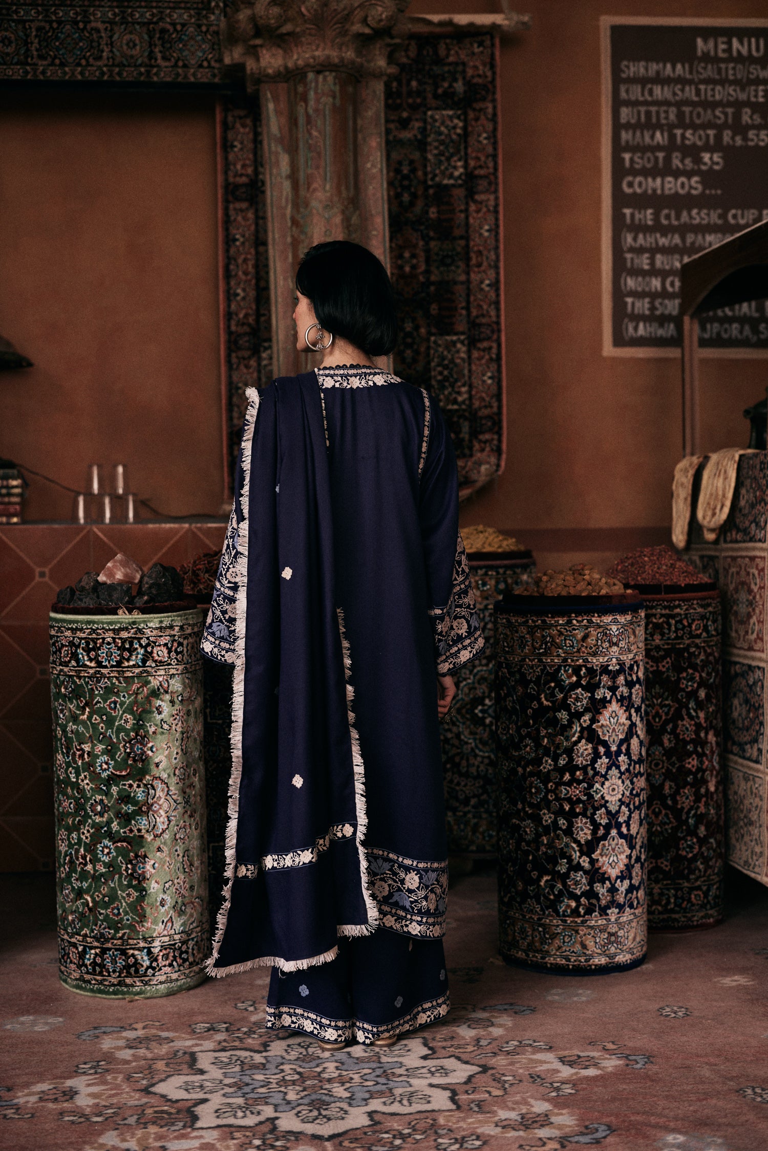 Royal Blue Wool Aari Embroidered Kalidaar Pheran Set with Flared Pants & Embroidered Stole