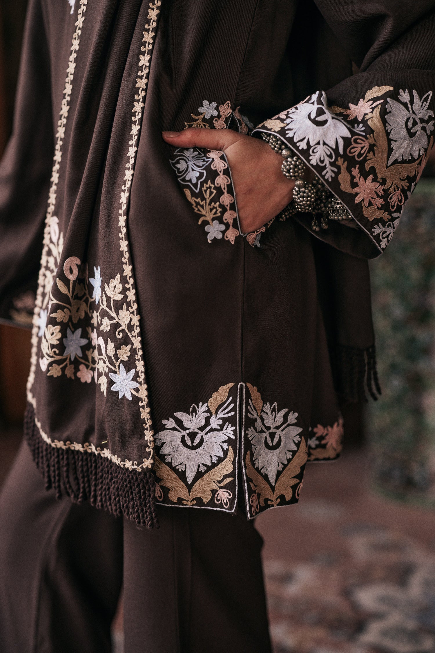 ⁠⁠Brown Wool Aari Embroidered Coord Set with Detachable Fringe Collar
