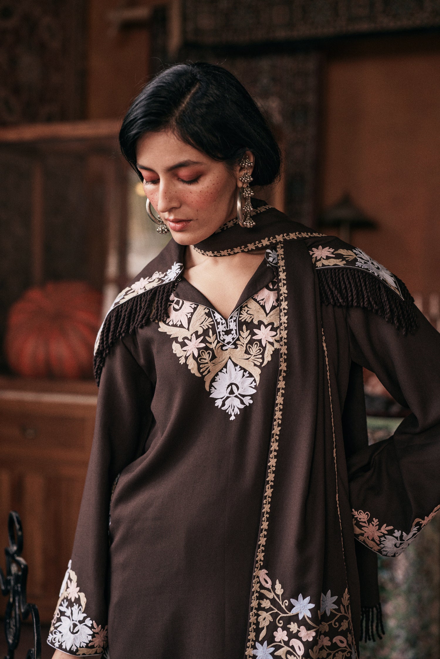 ⁠⁠Brown Wool Aari Embroidered Coord Set with Detachable Fringe Collar