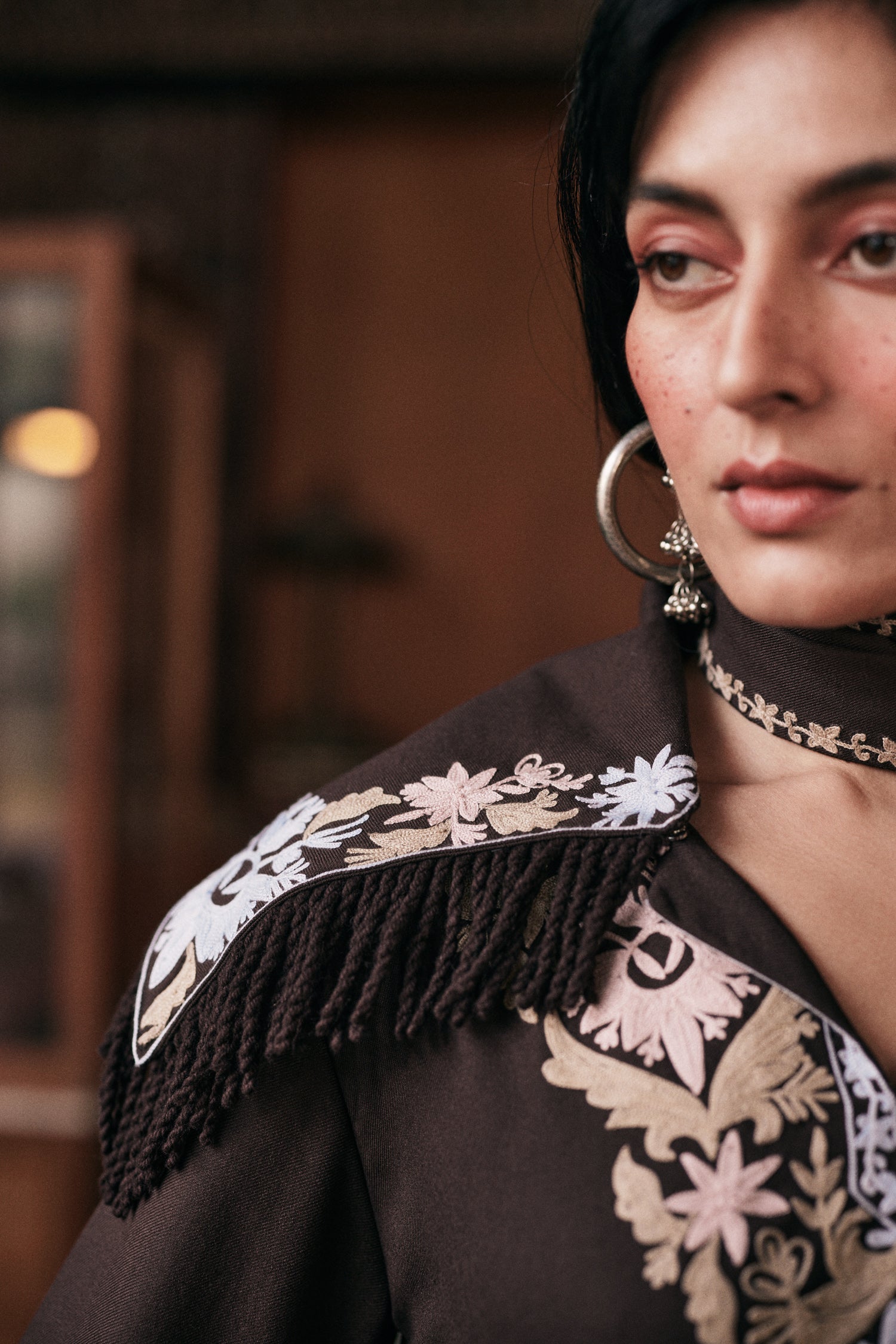 ⁠⁠Brown Wool Aari Embroidered Coord Set with Detachable Fringe Collar