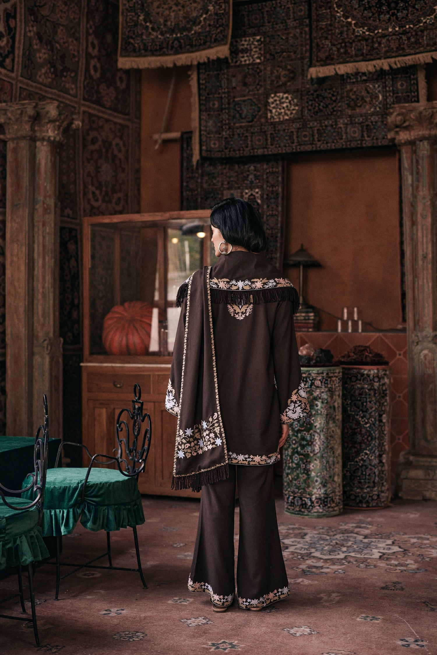 ⁠⁠Brown Wool Aari Embroidered Coord Set with Detachable Fringe Collar