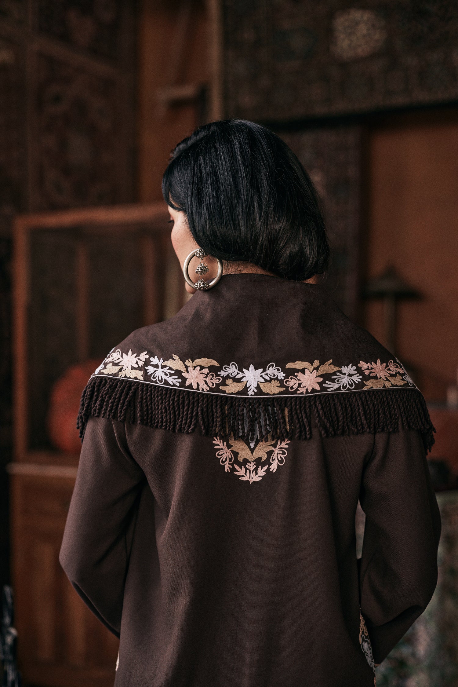 ⁠⁠Brown Wool Aari Embroidered Coord Set with Detachable Fringe Collar