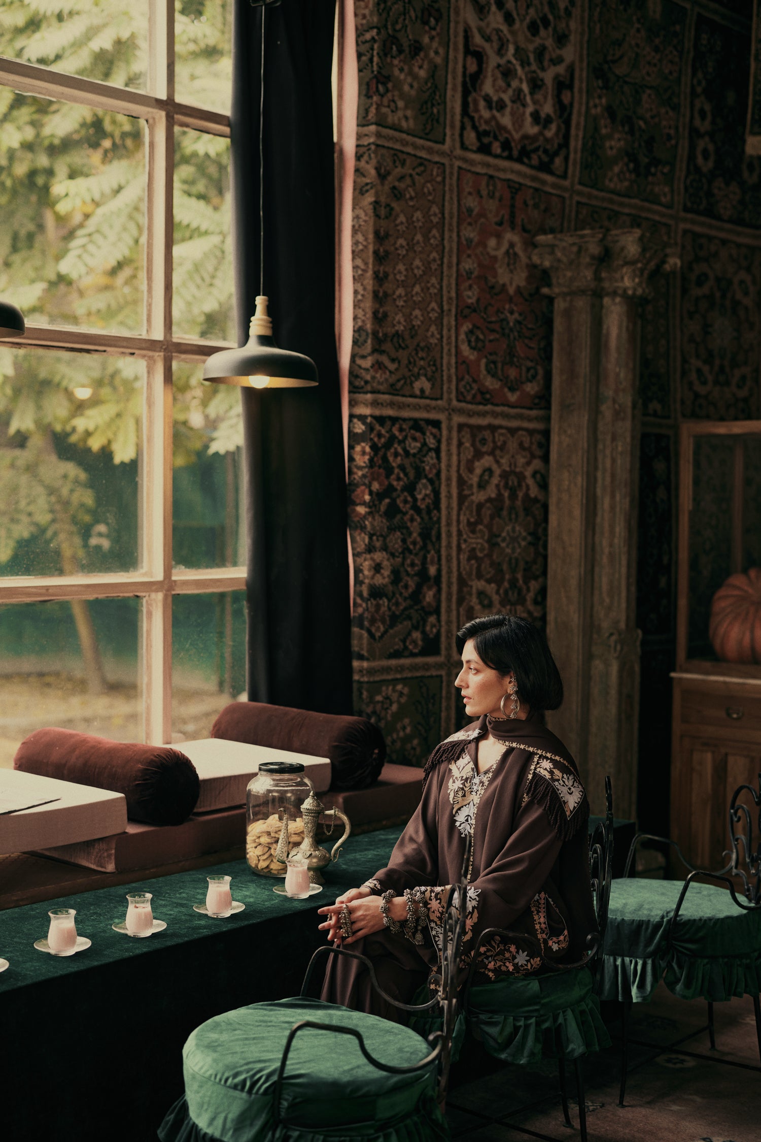 ⁠⁠Brown Wool Aari Embroidered Coord Set with Detachable Fringe Collar