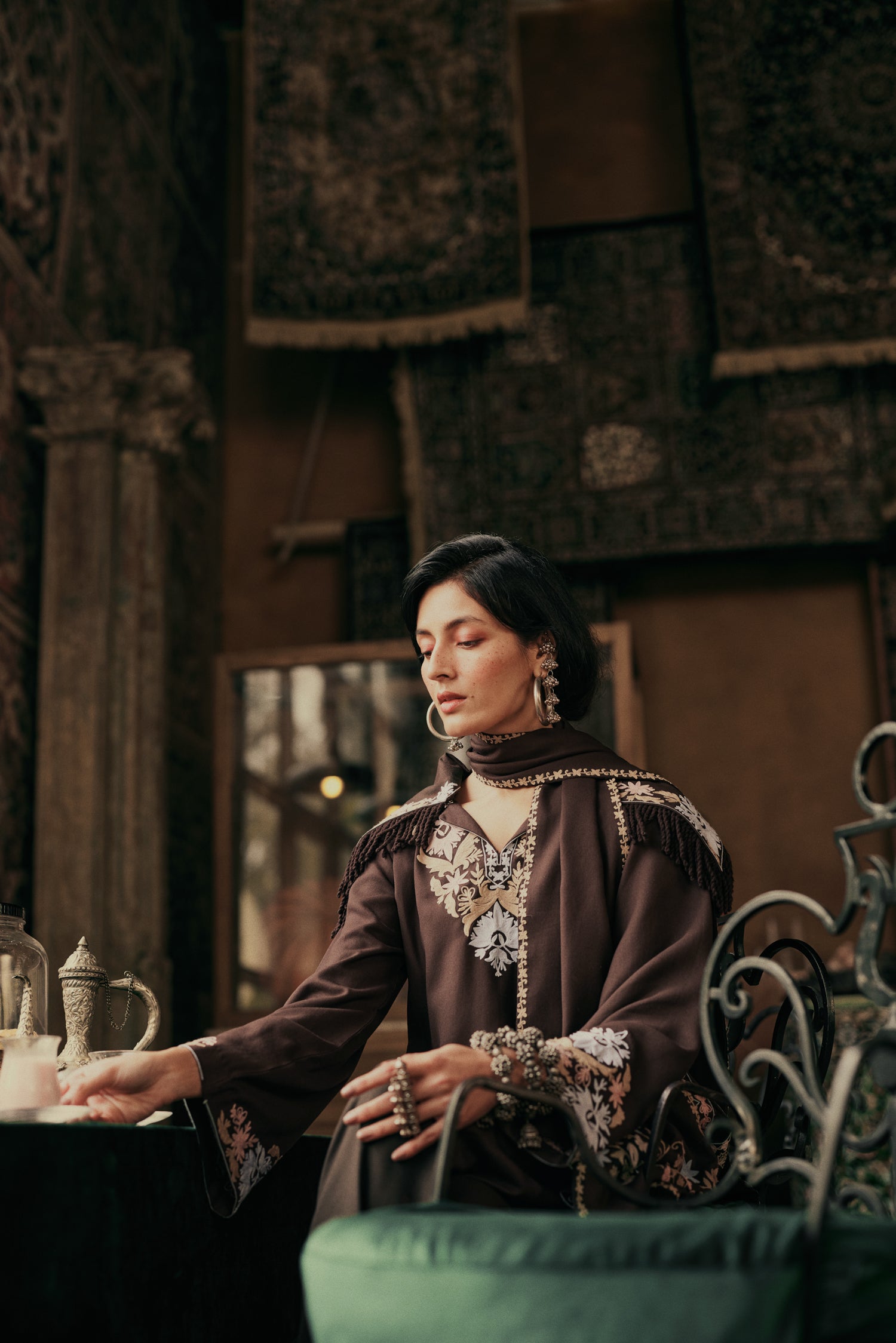 ⁠⁠Brown Wool Aari Embroidered Coord Set with Detachable Fringe Collar