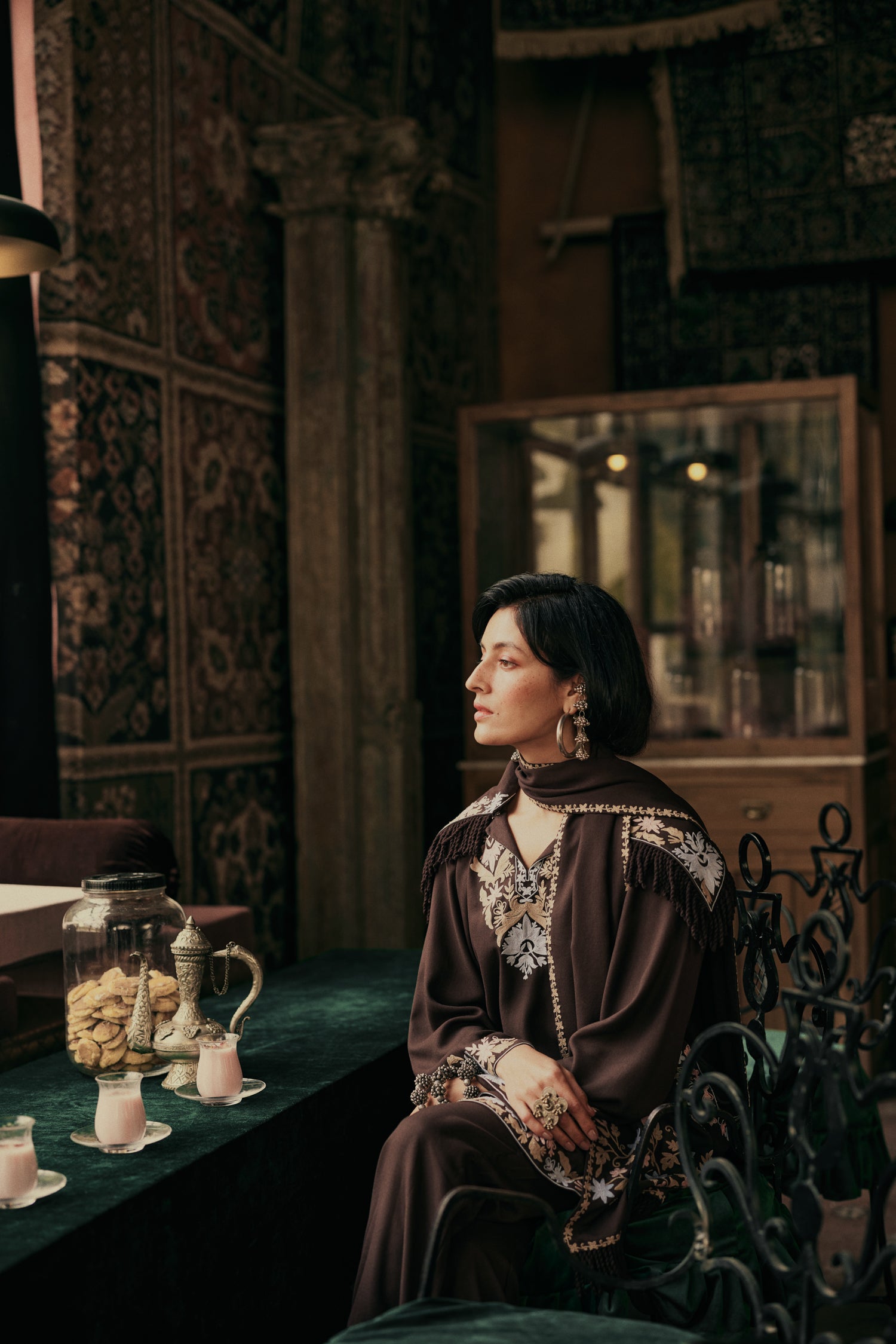 ⁠⁠Brown Wool Aari Embroidered Coord Set with Detachable Fringe Collar