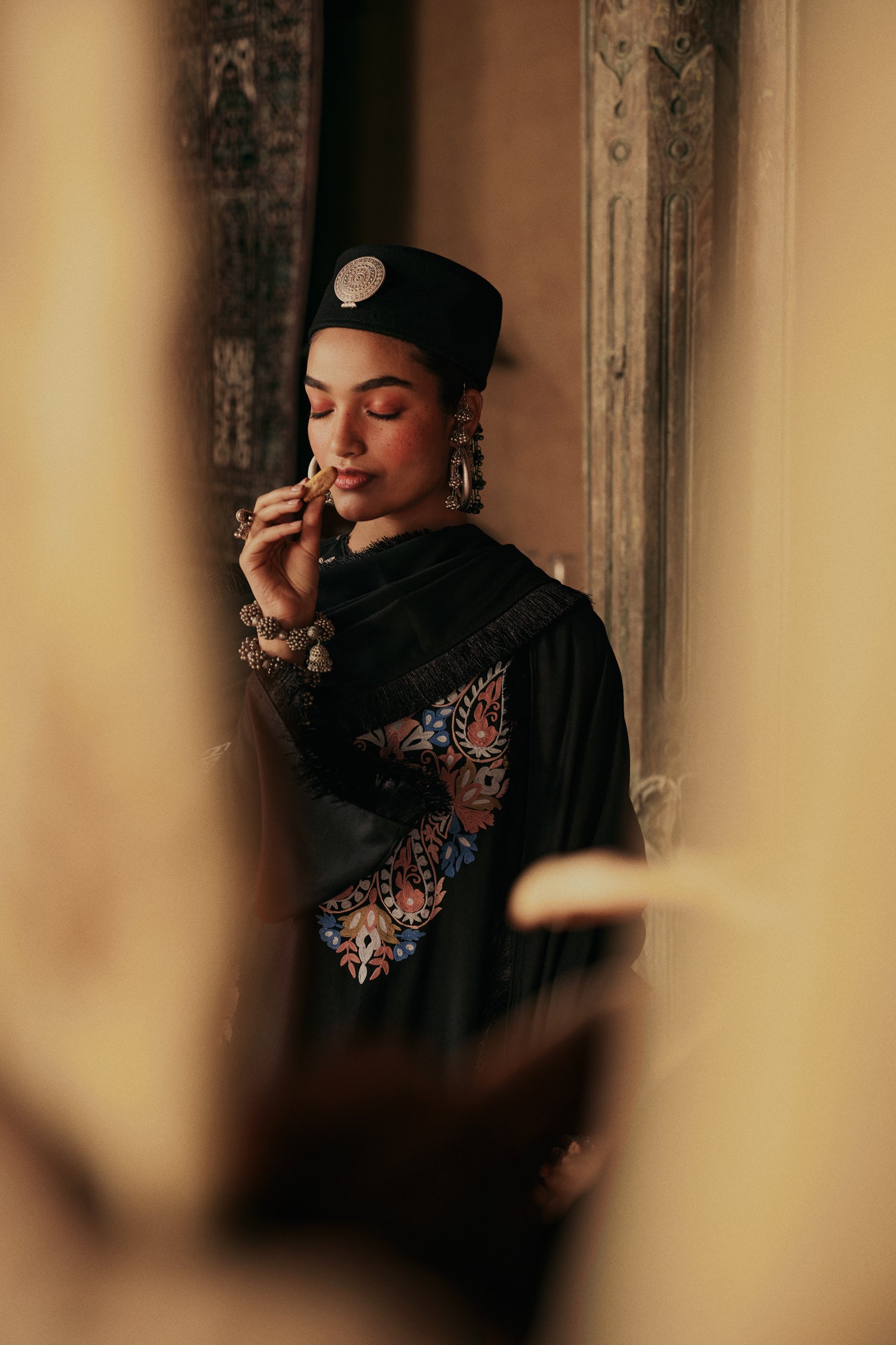 ⁠Black Wool Aari Embroidered Kalidaar Pheran Set with Salwar Pants & Embroidered Stole