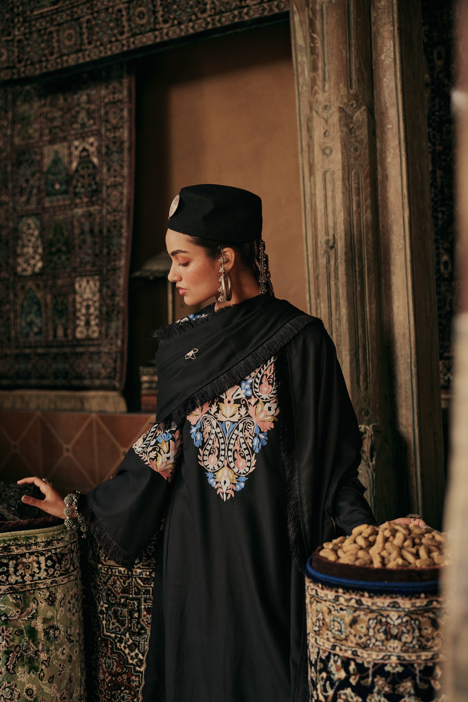 ⁠Black Wool Aari Embroidered Kalidaar Pheran Set with Salwar Pants & Embroidered Stole