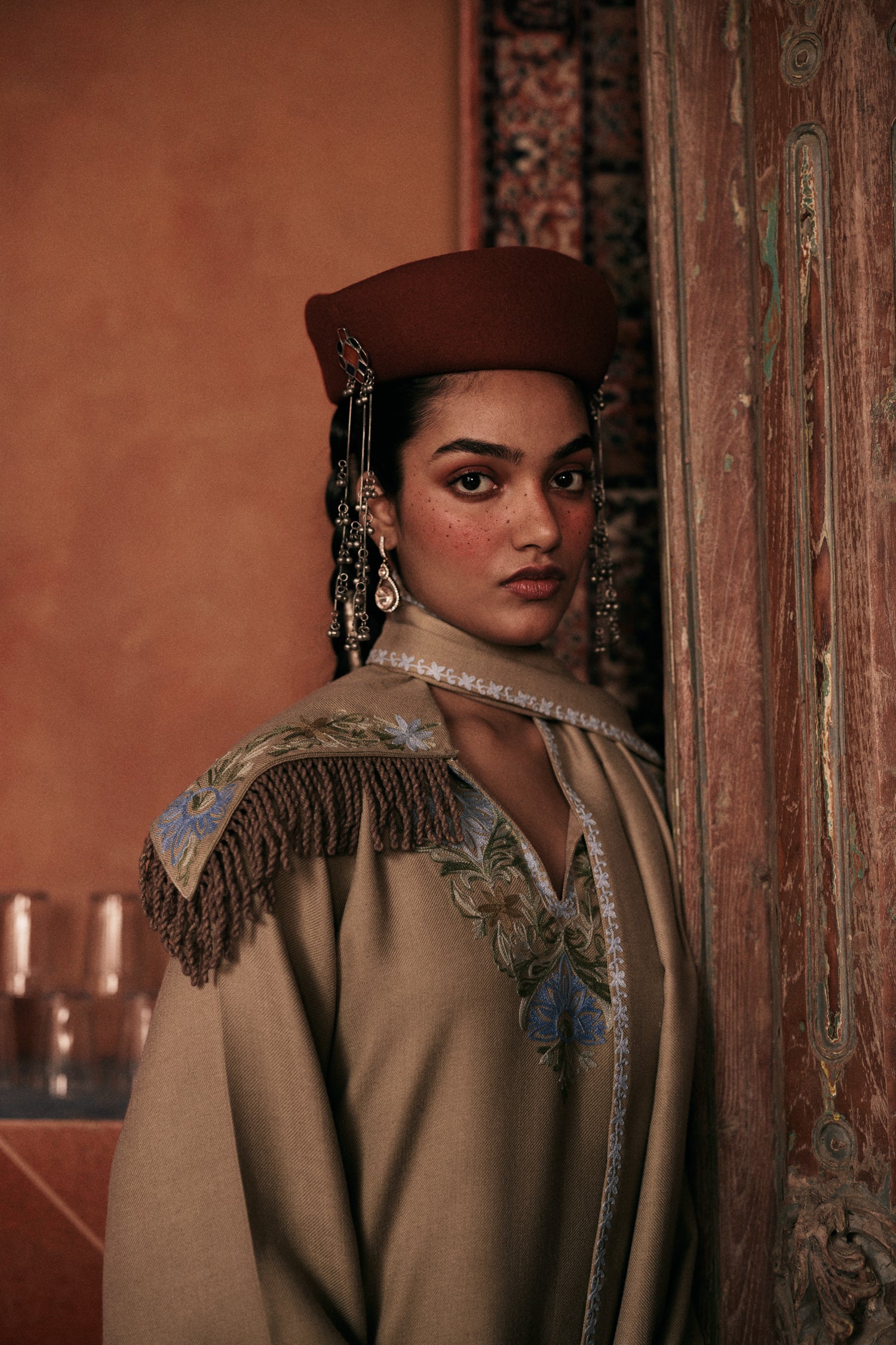 Olive Wool Aari Embroidered Coord Set with Detachable Fringe Collar