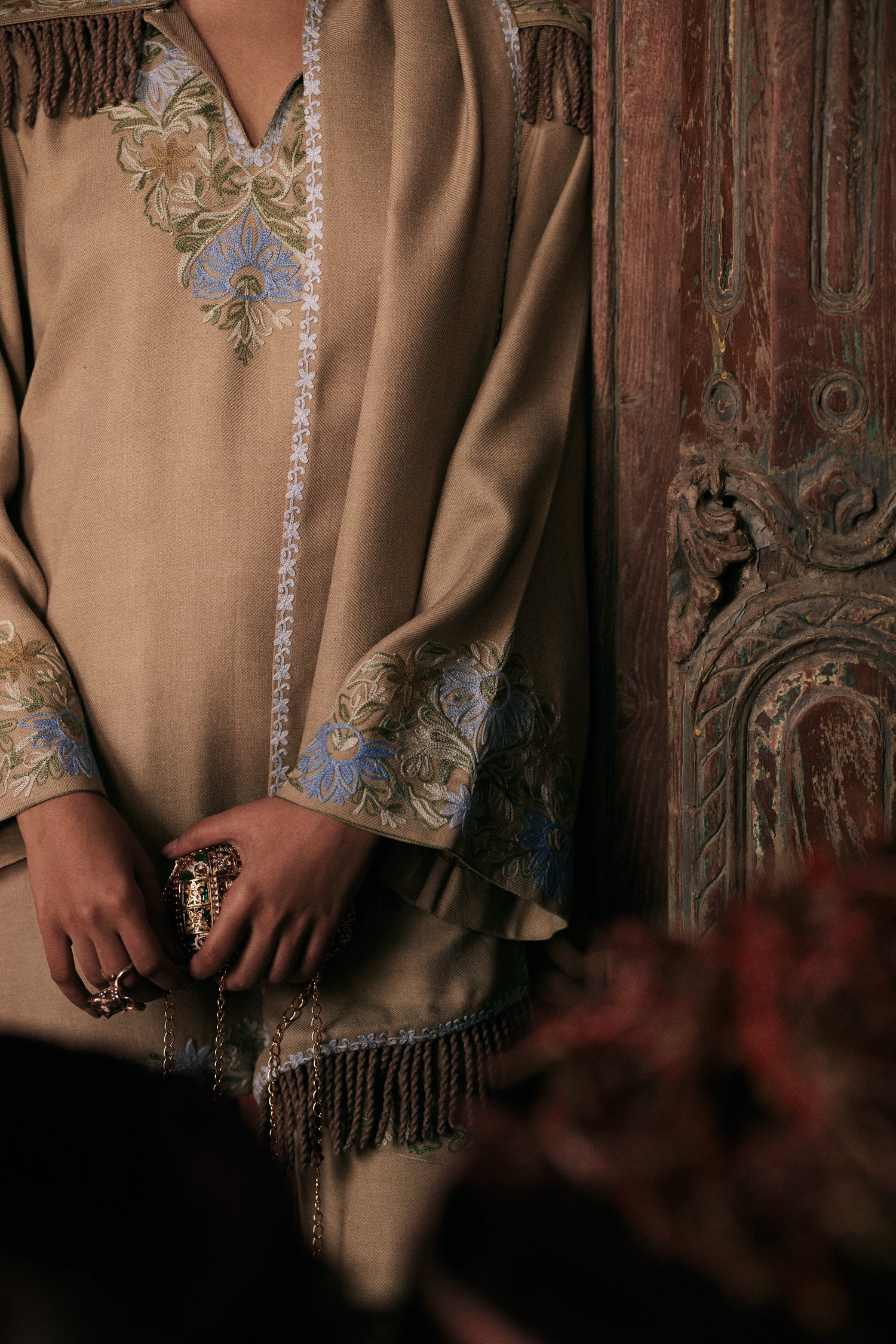 Olive Wool Aari Embroidered Coord Set with Detachable Fringe Collar