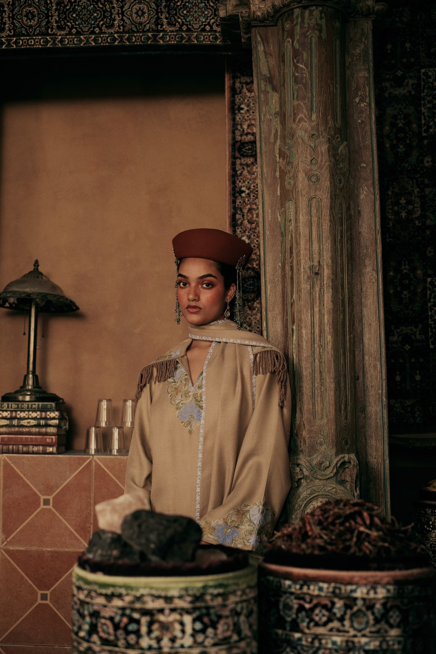 Olive Wool Aari Embroidered Coord Set with Detachable Fringe Collar