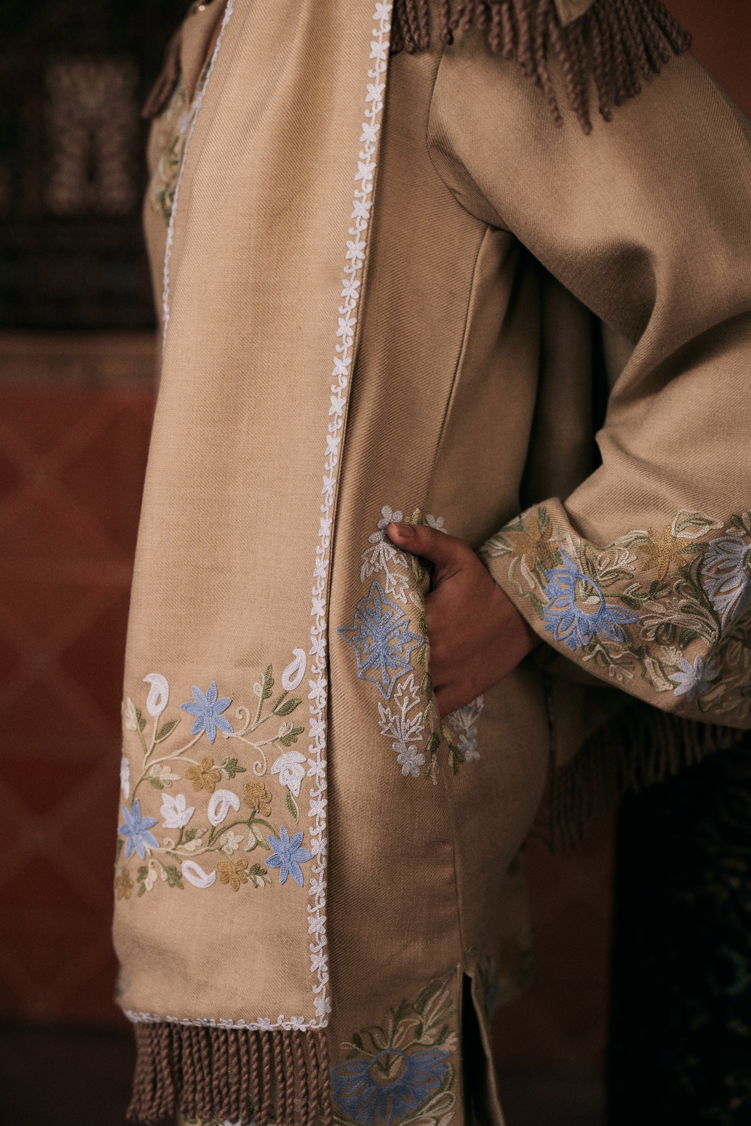 Olive Wool Aari Embroidered Coord Set with Detachable Fringe Collar