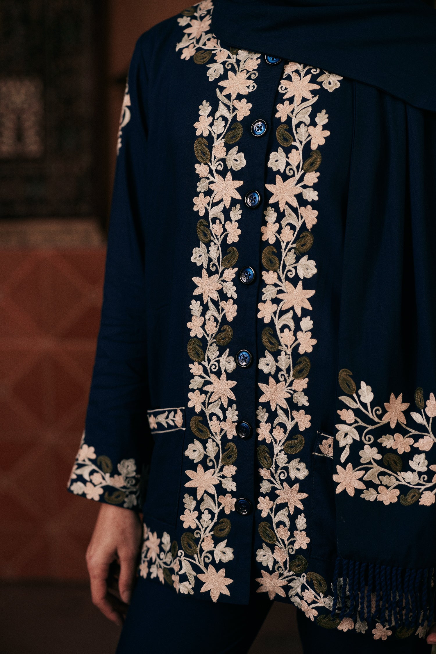 ⁠⁠Blue Wool Aari Embroidered Wrap Scarf Coat Coord with Flared Pants