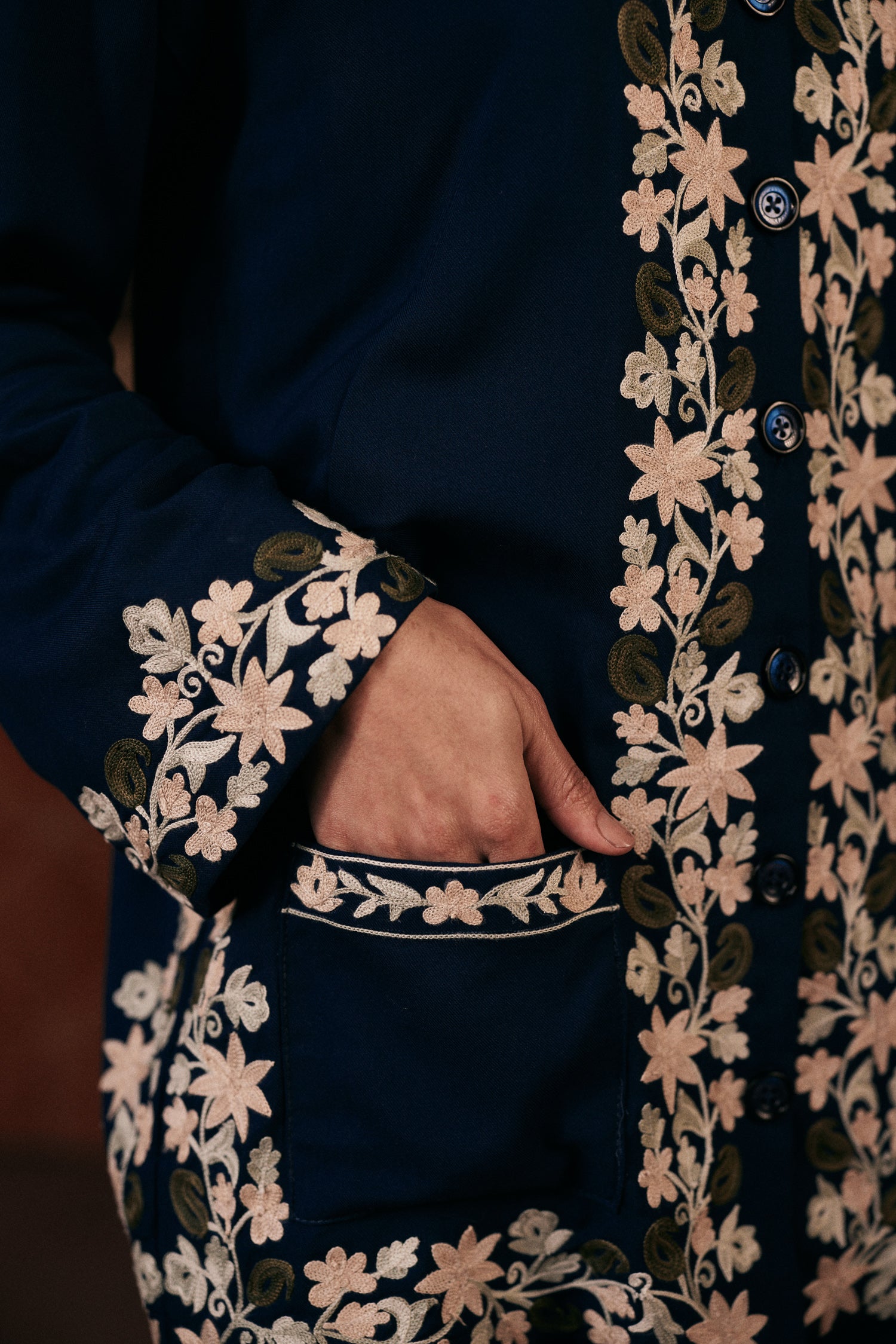⁠⁠Blue Wool Aari Embroidered Wrap Scarf Coat Coord with Flared Pants