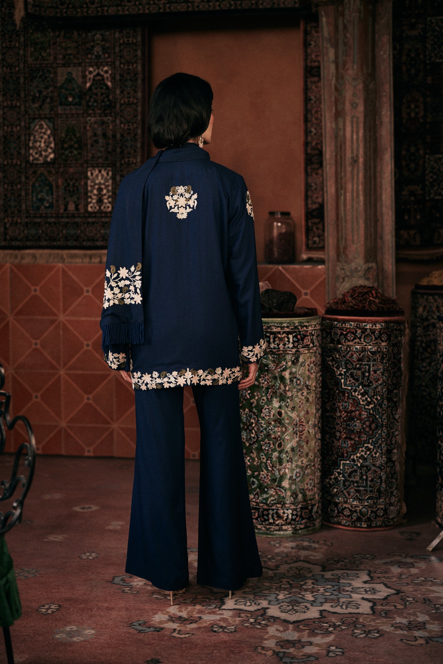 ⁠⁠Blue Wool Aari Embroidered Wrap Scarf Coat Coord with Flared Pants