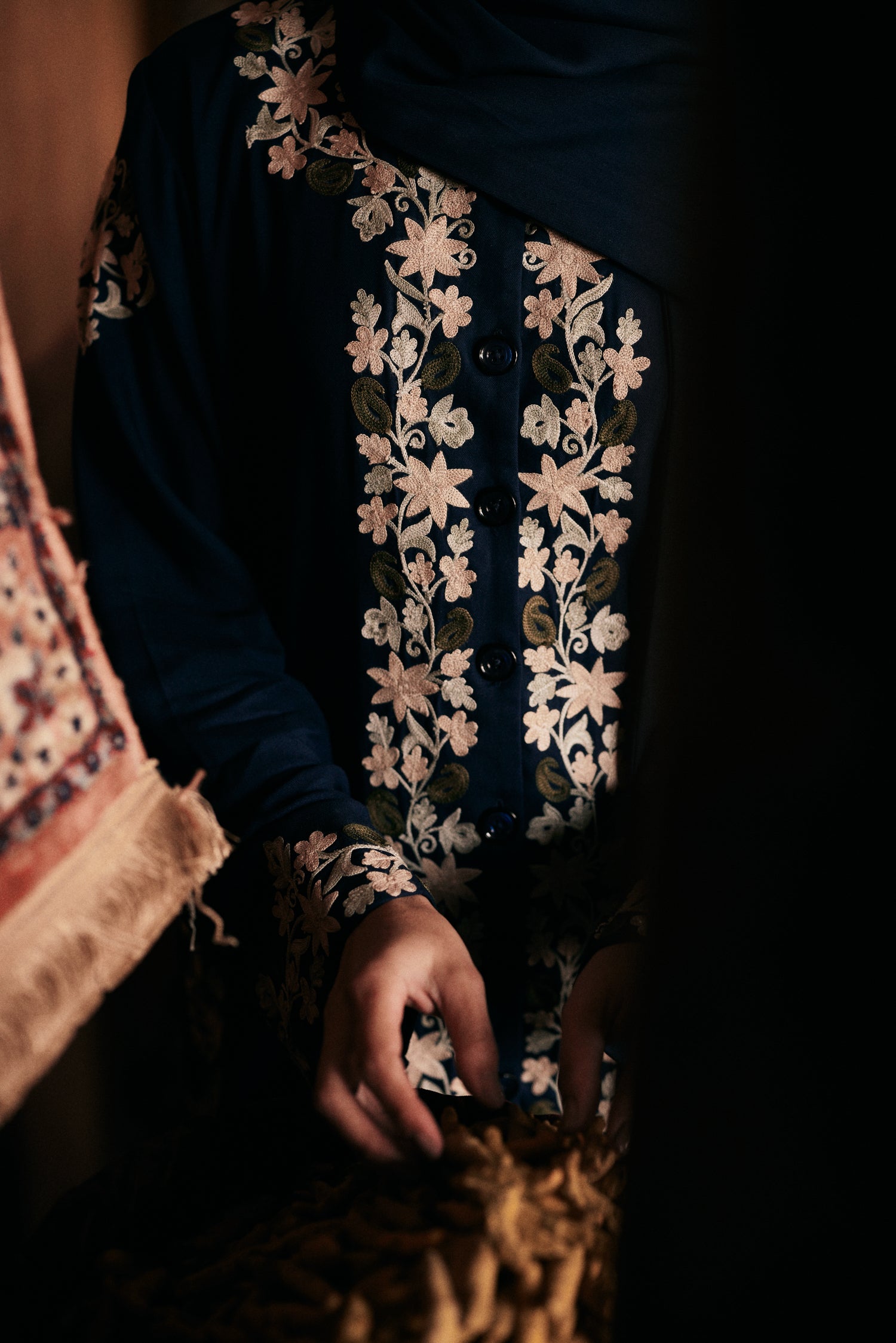 ⁠⁠Blue Wool Aari Embroidered Wrap Scarf Coat Coord with Flared Pants