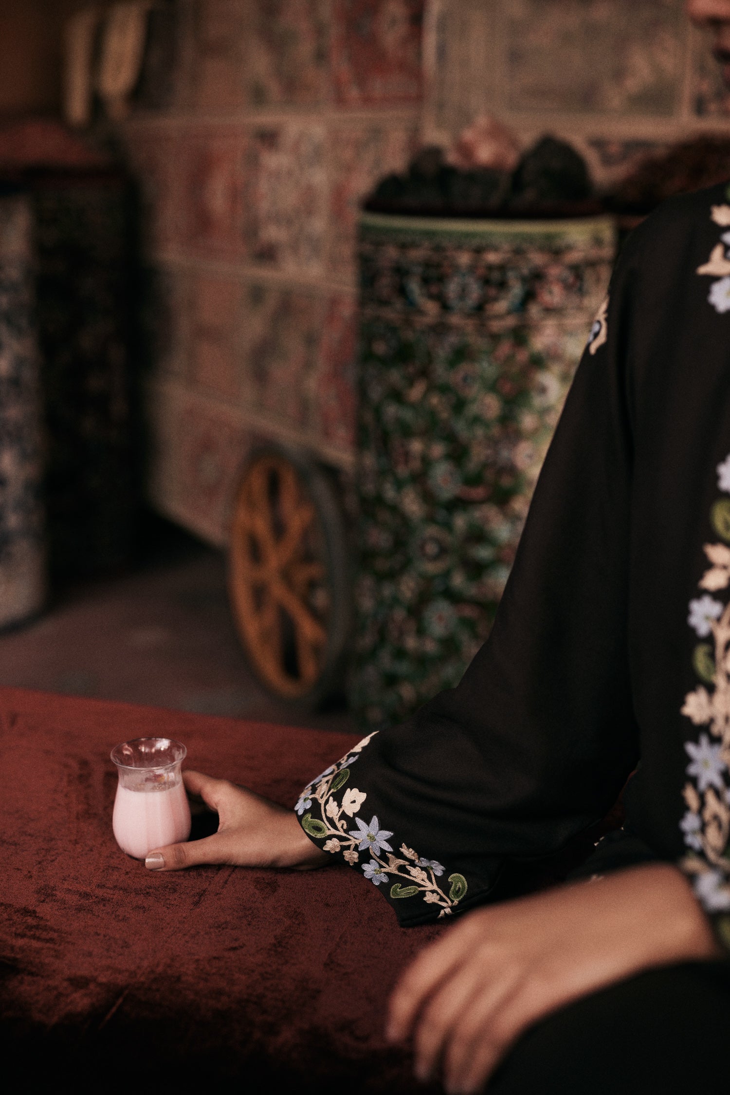 ⁠⁠Brown Wool Aari Embroidered Wrap Scarf Coat Coord with Flared Pants