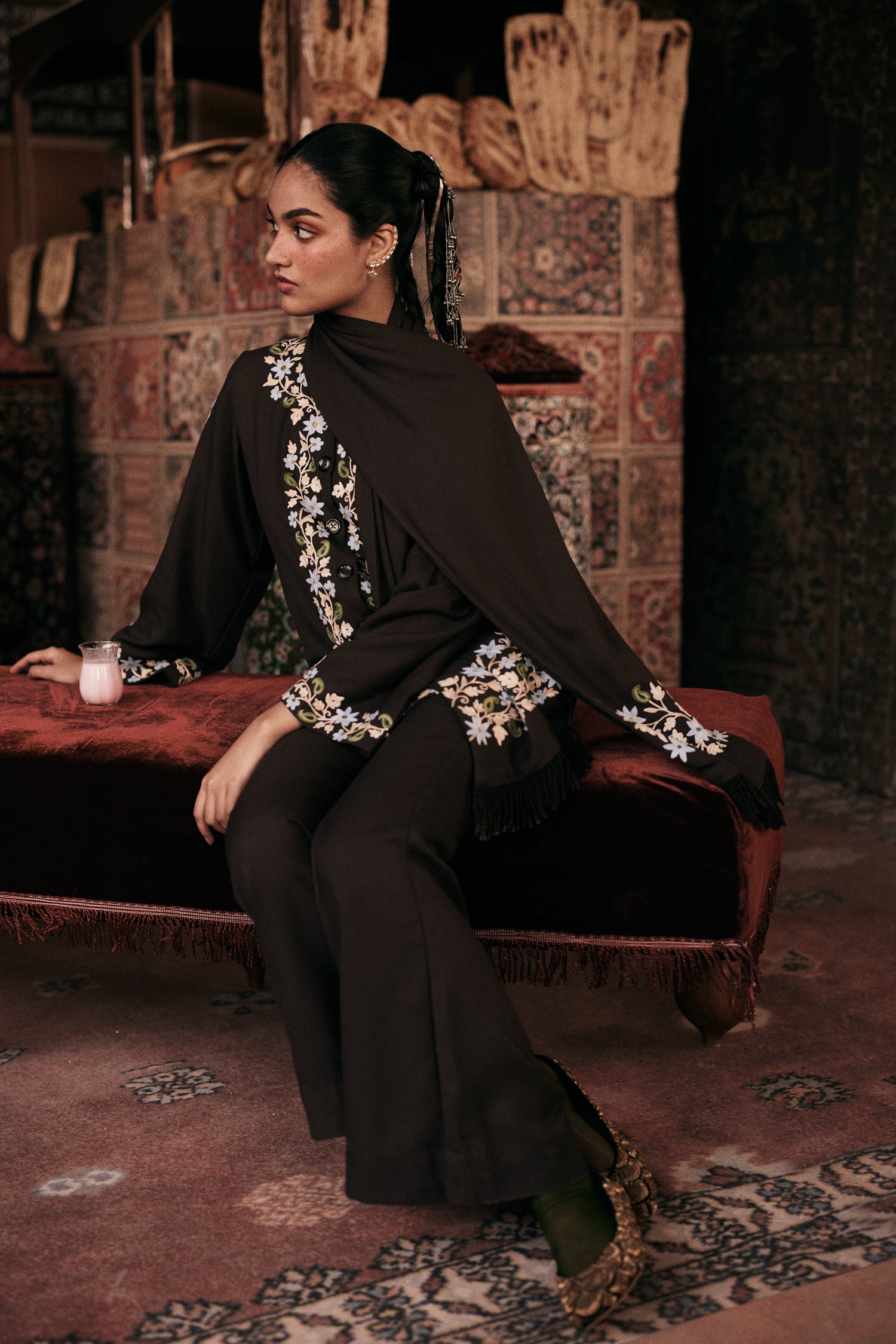 ⁠⁠Brown Wool Aari Embroidered Wrap Scarf Coat Coord with Flared Pants