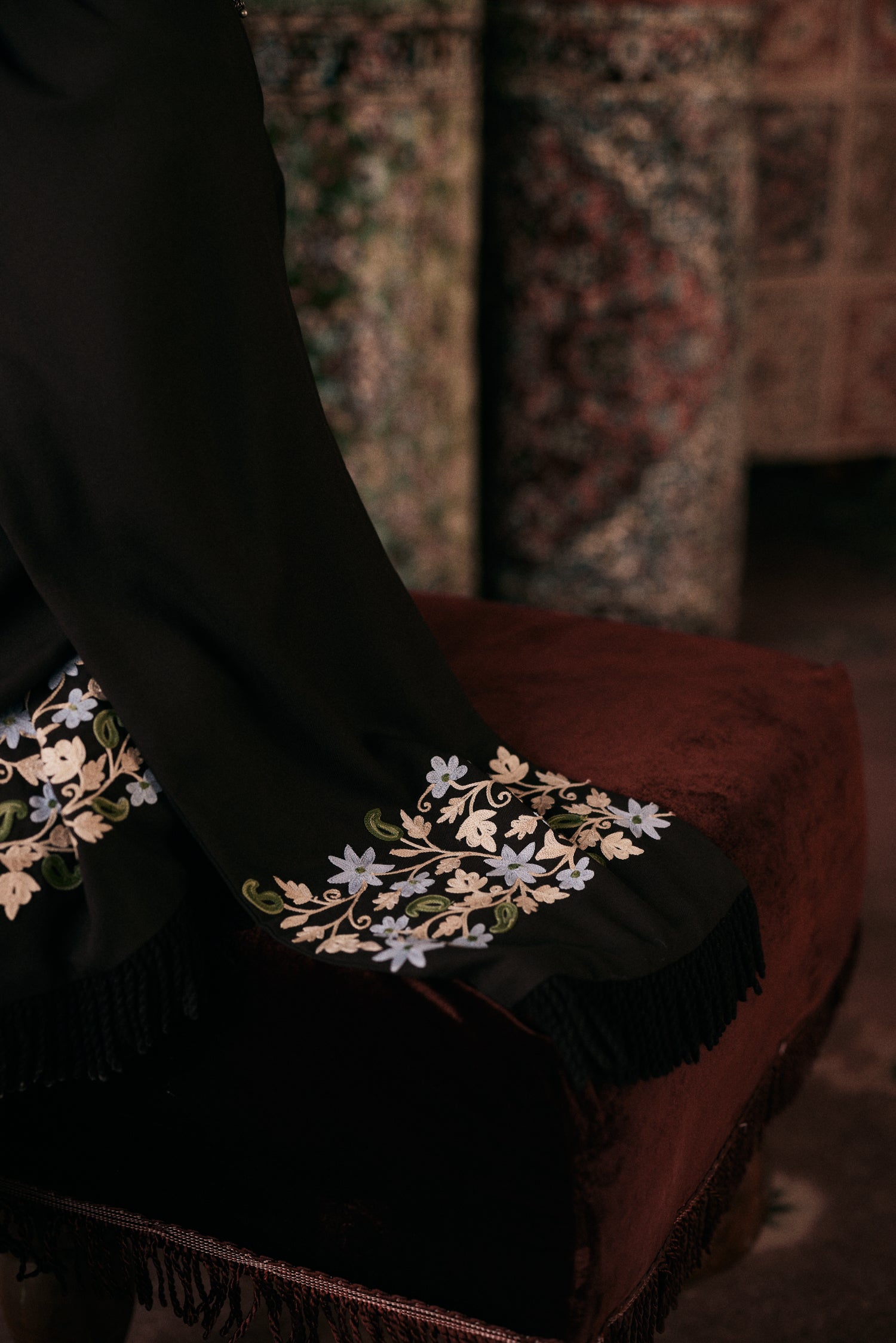 ⁠⁠Brown Wool Aari Embroidered Wrap Scarf Coat Coord with Flared Pants