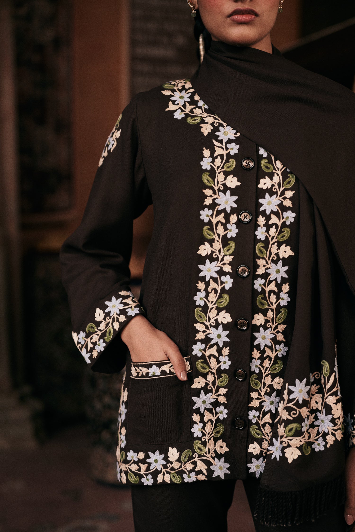 ⁠⁠Brown Wool Aari Embroidered Wrap Scarf Coat Coord with Flared Pants