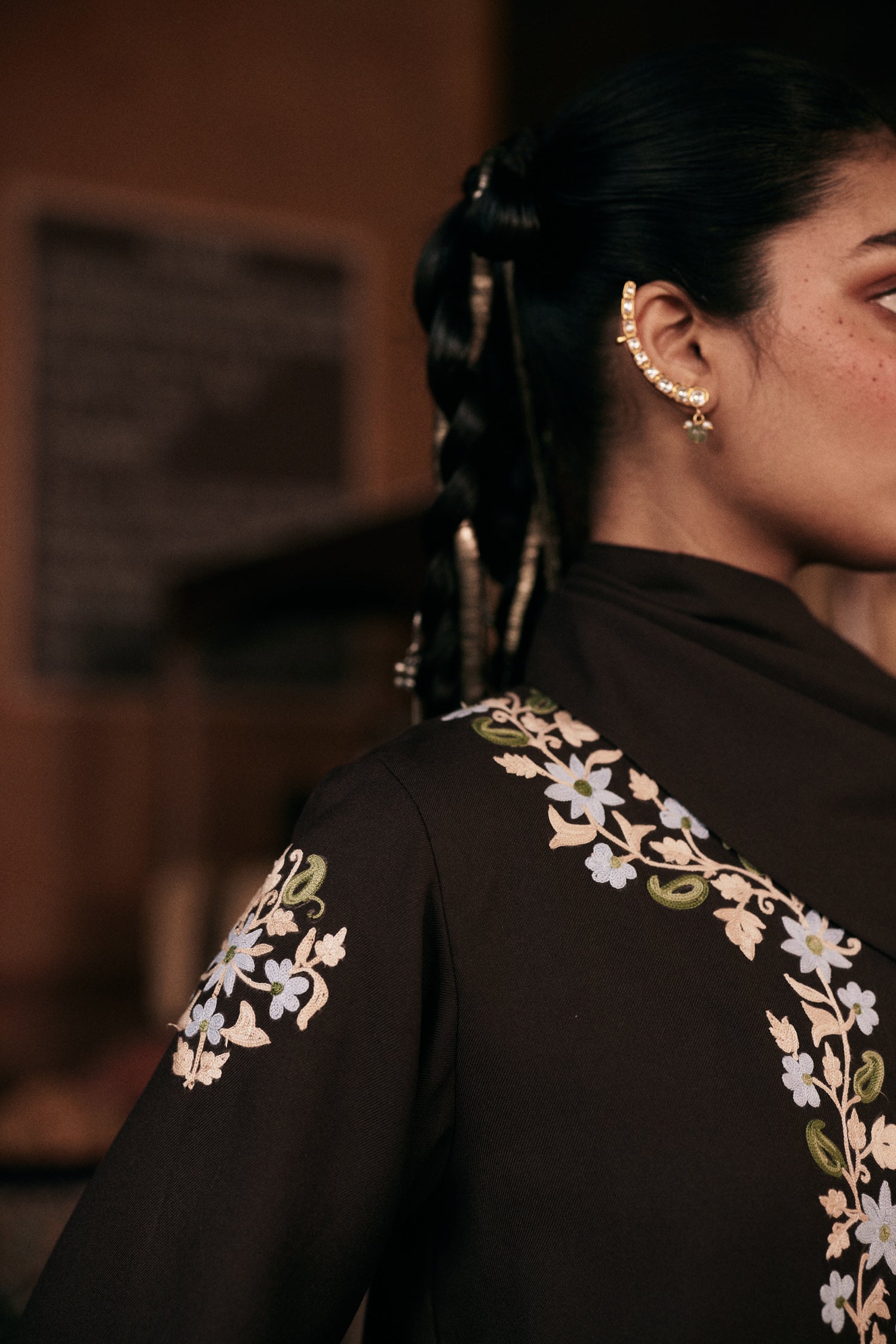 ⁠⁠Brown Wool Aari Embroidered Wrap Scarf Coat Coord with Flared Pants