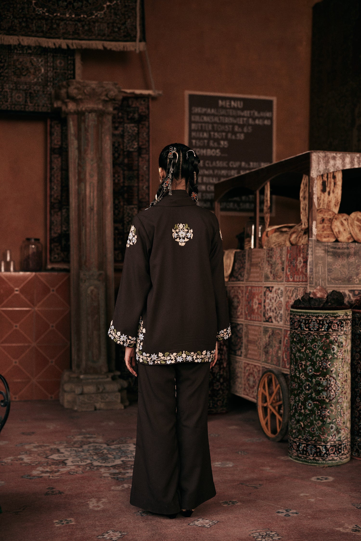 ⁠⁠Brown Wool Aari Embroidered Wrap Scarf Coat Coord with Flared Pants