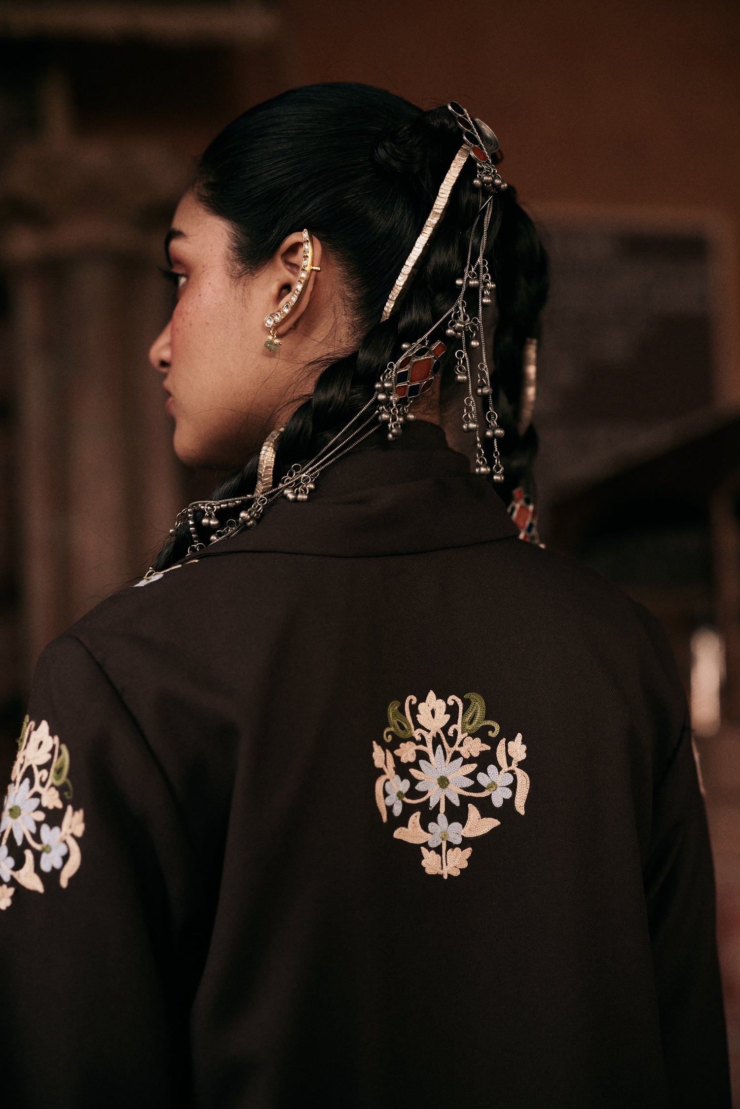 ⁠⁠Brown Wool Aari Embroidered Wrap Scarf Coat Coord with Flared Pants