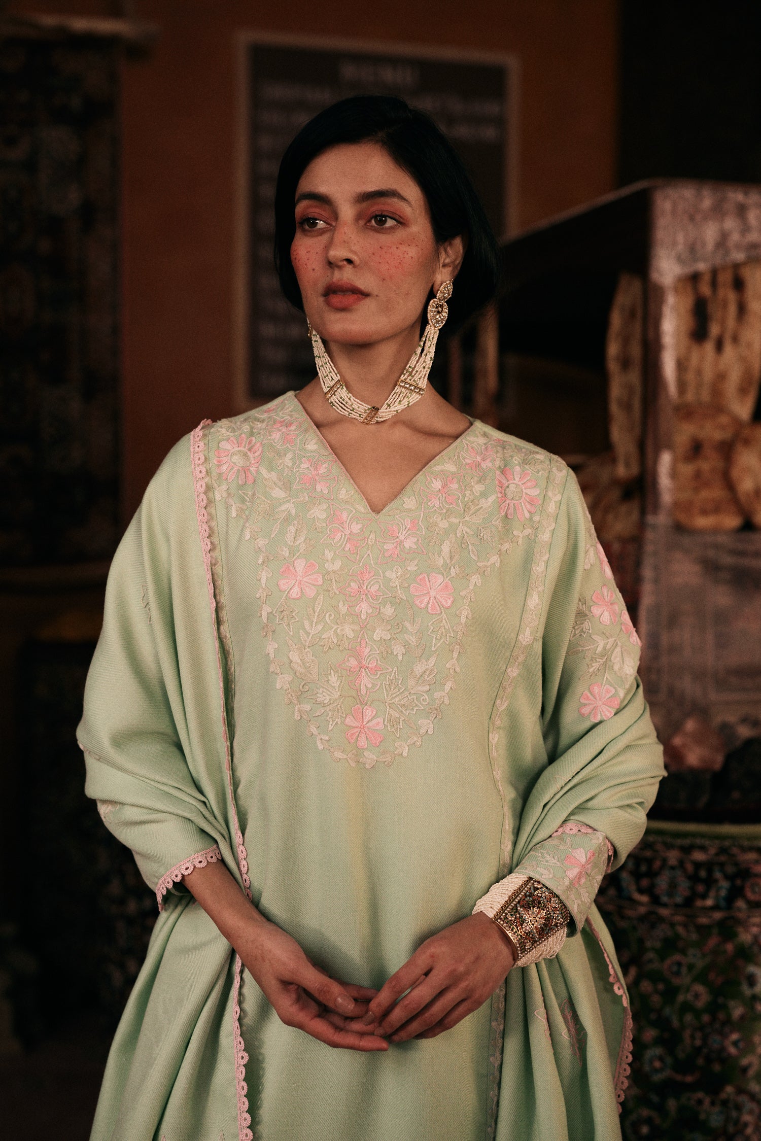 ⁠⁠Mint Green Wool Aari Embroidered Kalidaar Pheran Set with Salwar Pants & Embroidered Stole