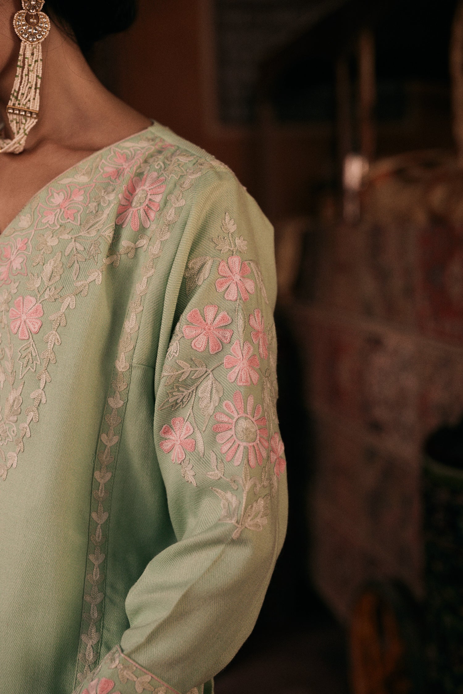 ⁠⁠Mint Green Wool Aari Embroidered Kalidaar Pheran Set with Salwar Pants & Embroidered Stole