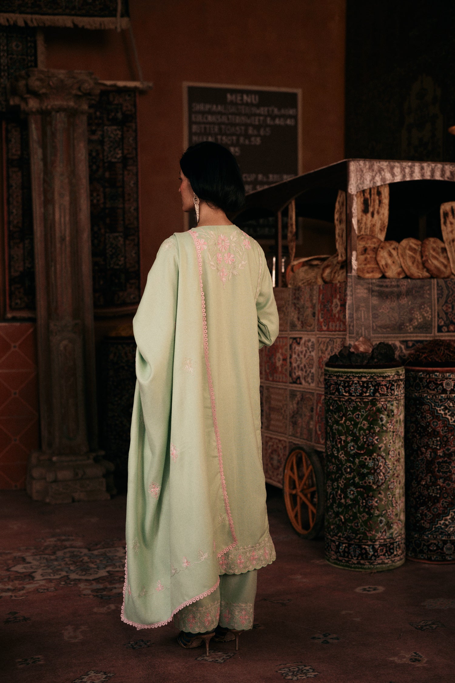 ⁠⁠Mint Green Wool Aari Embroidered Kalidaar Pheran Set with Salwar Pants & Embroidered Stole