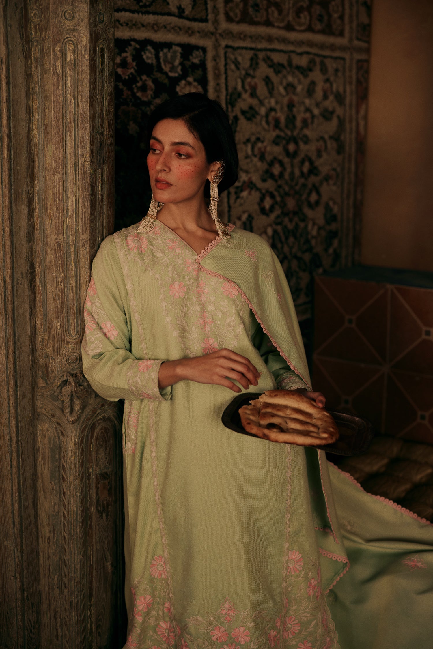 ⁠⁠Mint Green Wool Aari Embroidered Kalidaar Pheran Set with Salwar Pants & Embroidered Stole