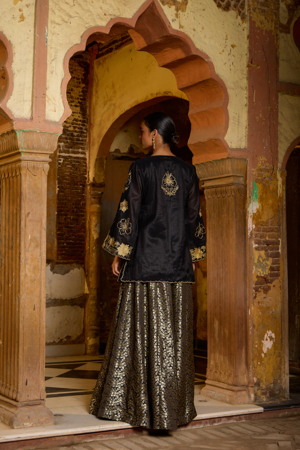 Begum Black Silk Kurta With Brocade Kalidaar Lehenga