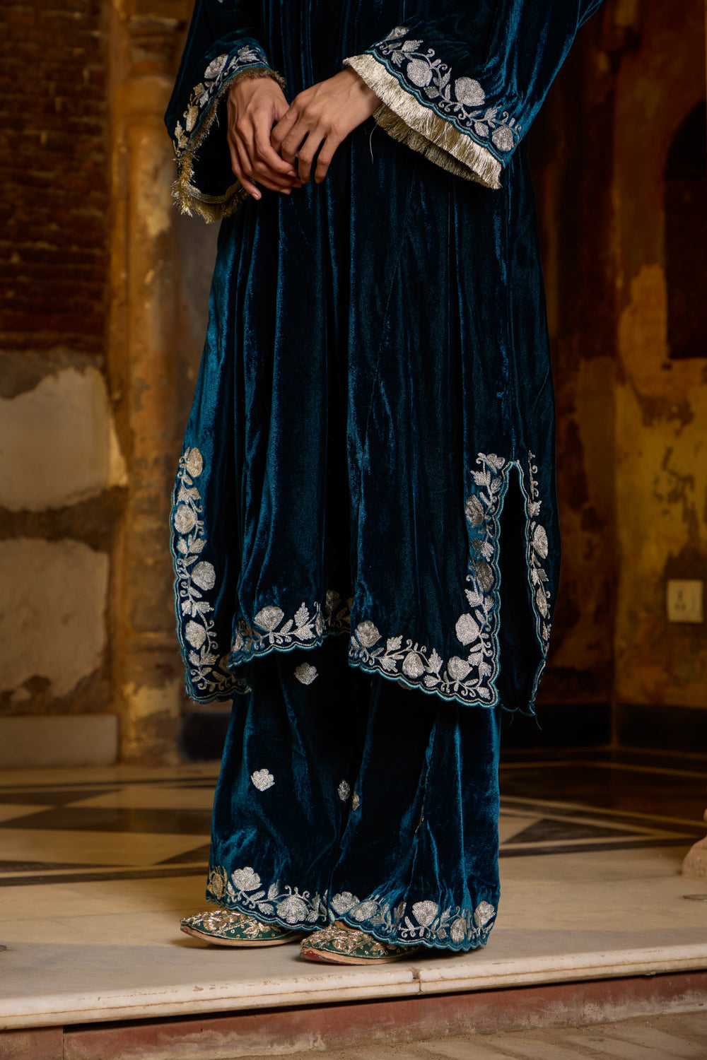 Nadira Morpankhi Silk Velvet Pheran Set With Embroidered Flared Pants