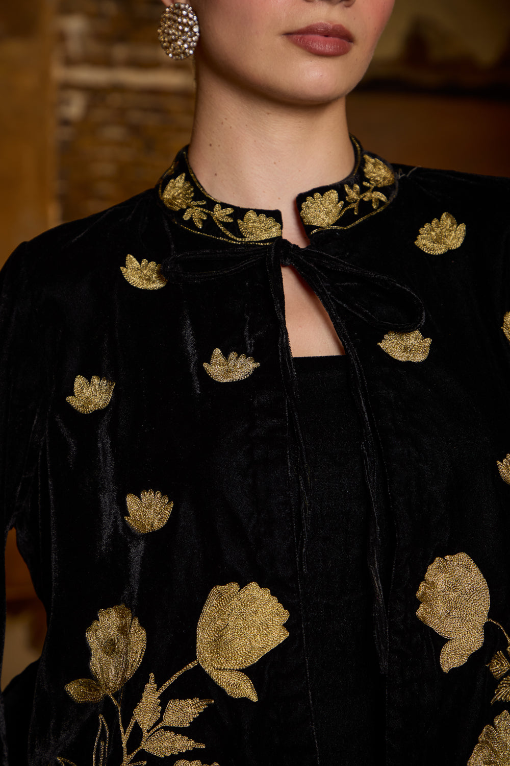 Helen Black Silk Velvet Embroidered Cape Set