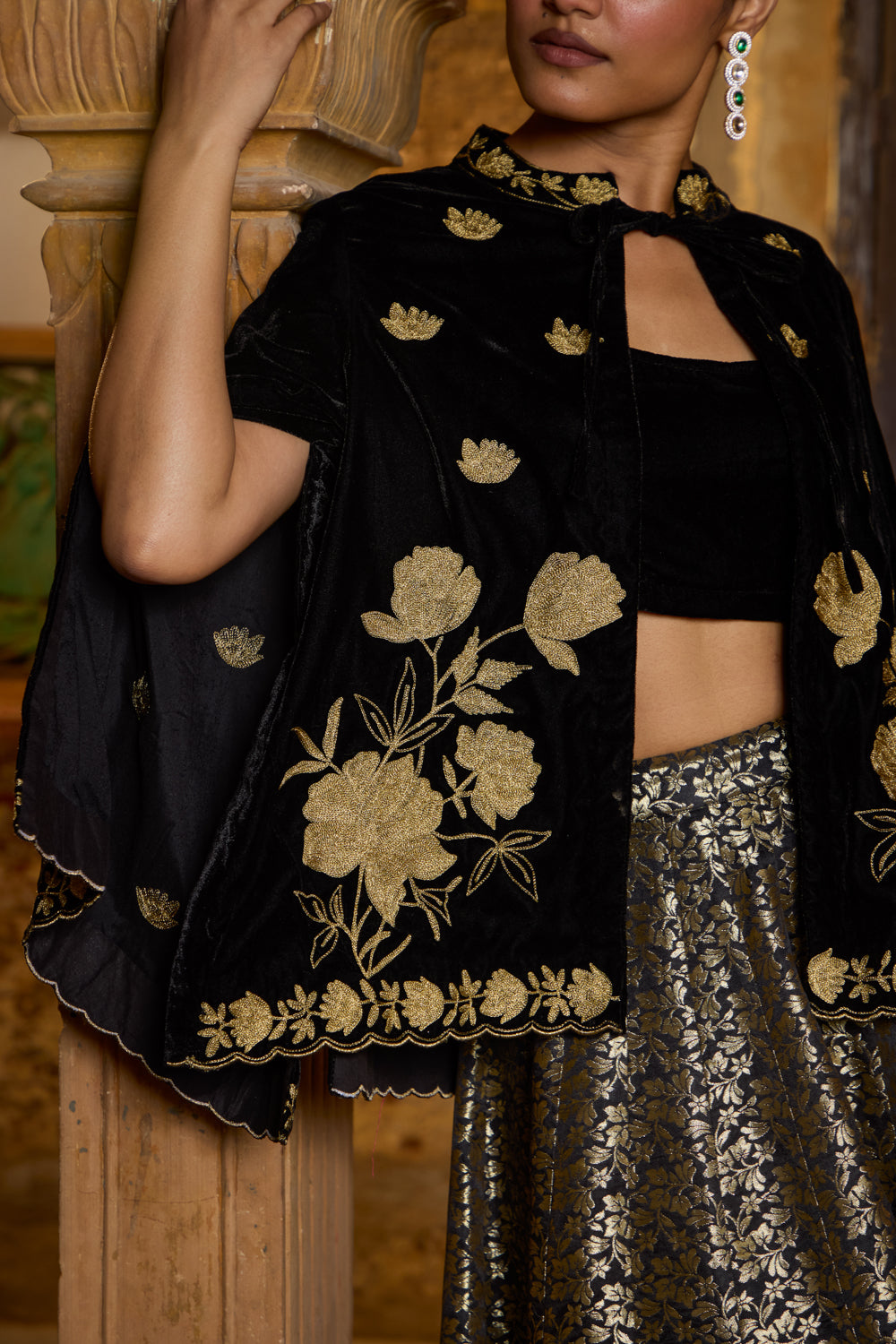 Zarina Black Silk Velvet Cape With Brocade Kalidaar Lehenga