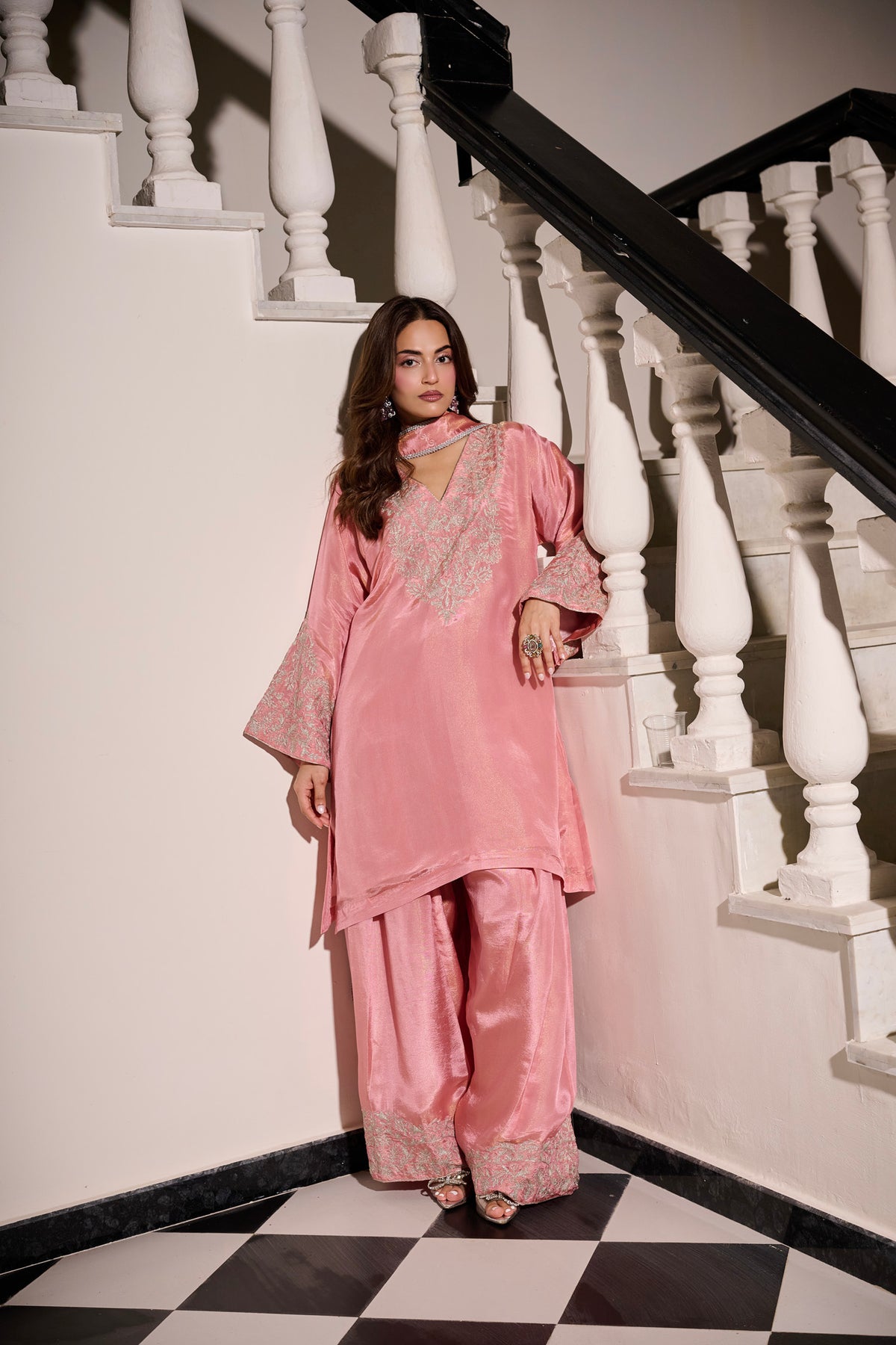 Pink Tissue Tilla Embroidered Pheran Set with Farshi Salwar