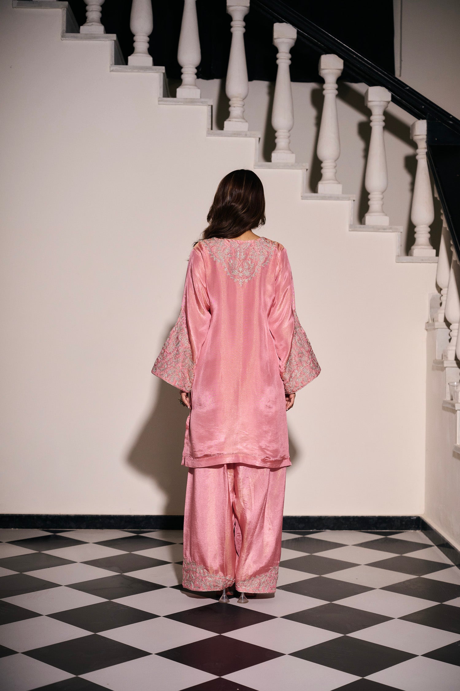 Pink Tissue Tilla Embroidered Pheran Set with Farshi Salwar