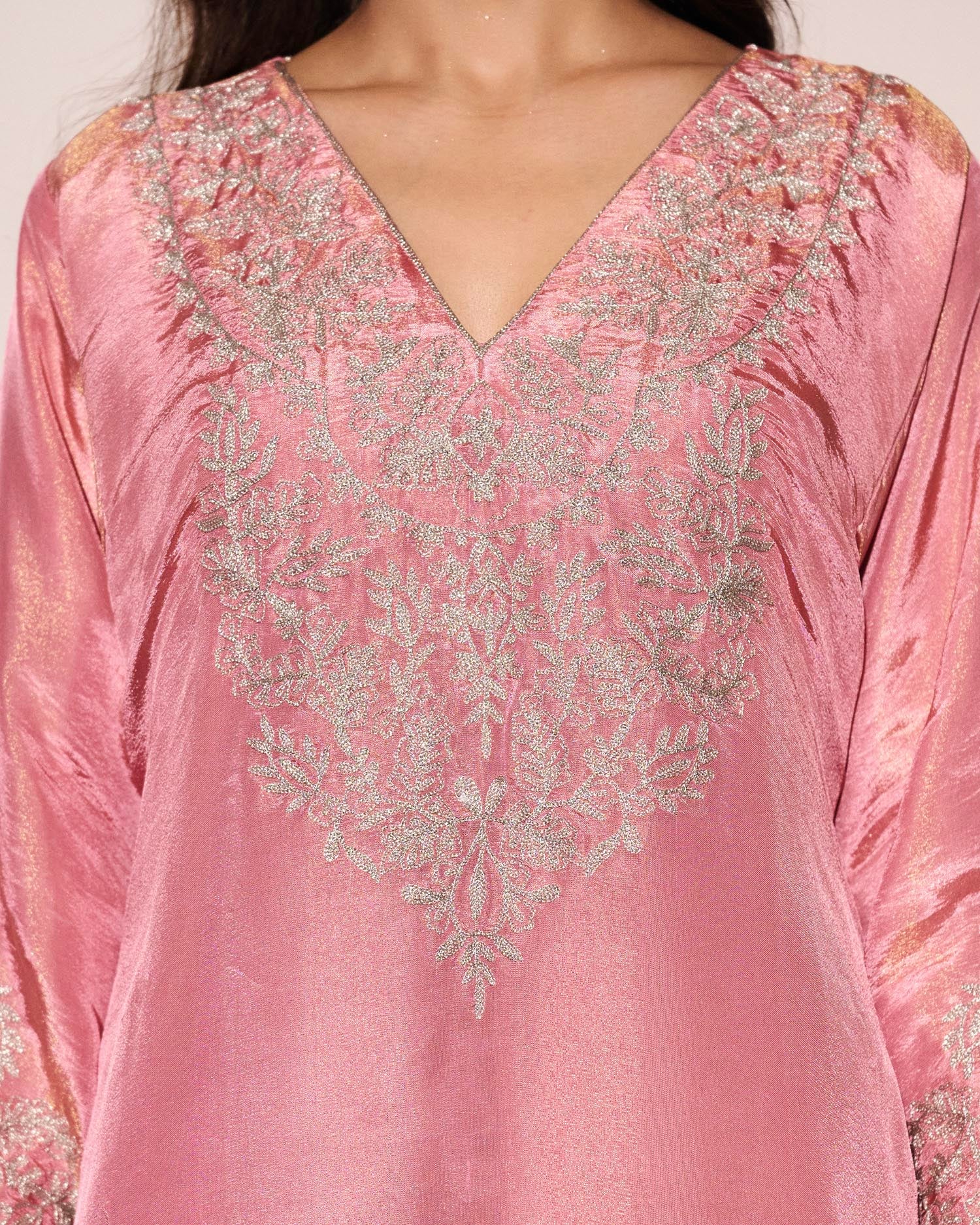 Pink Tissue Tilla Embroidered Pheran Set with Farshi Salwar
